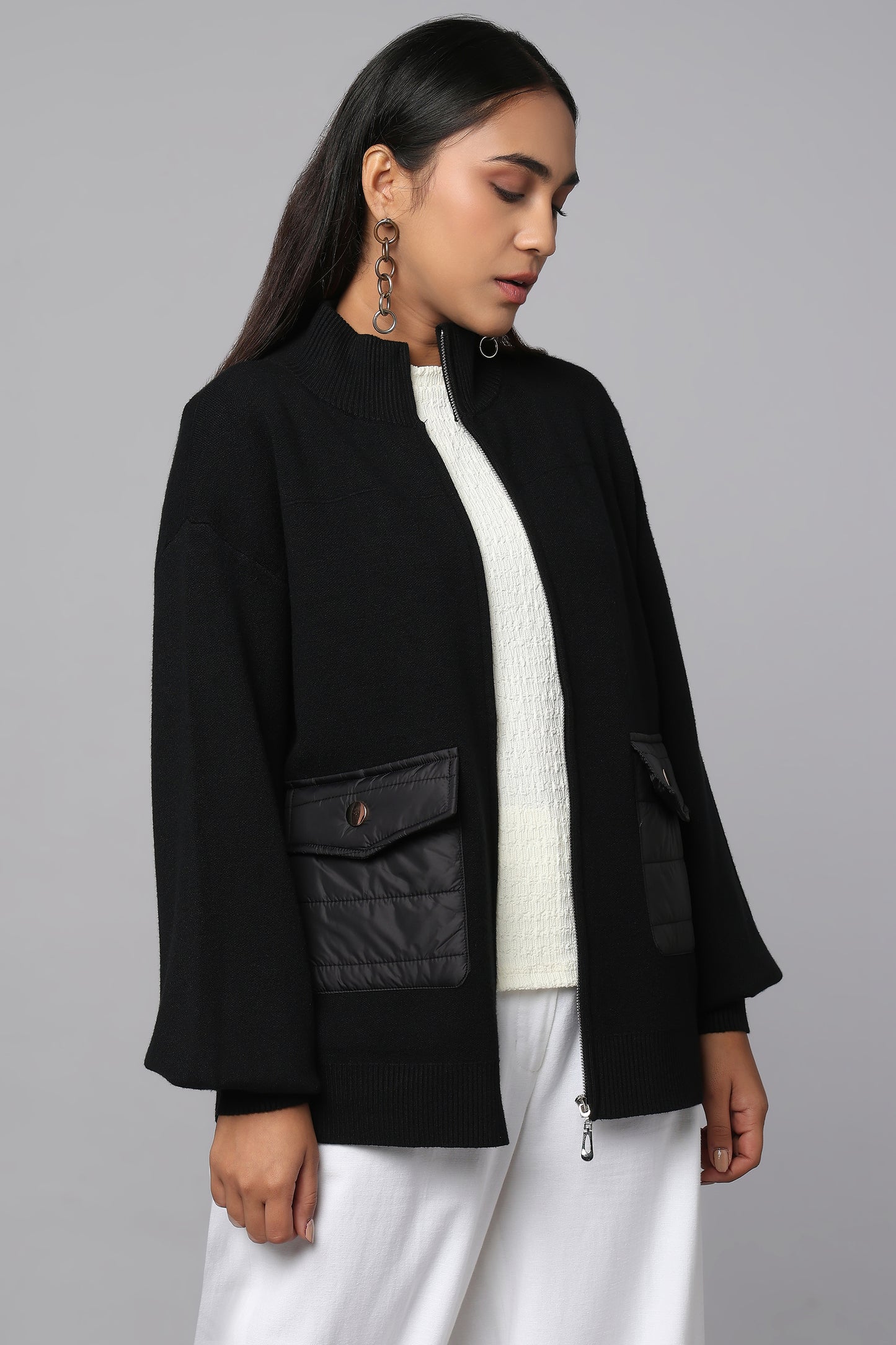 Zip-Up Black Sweater with Quilted Pockets