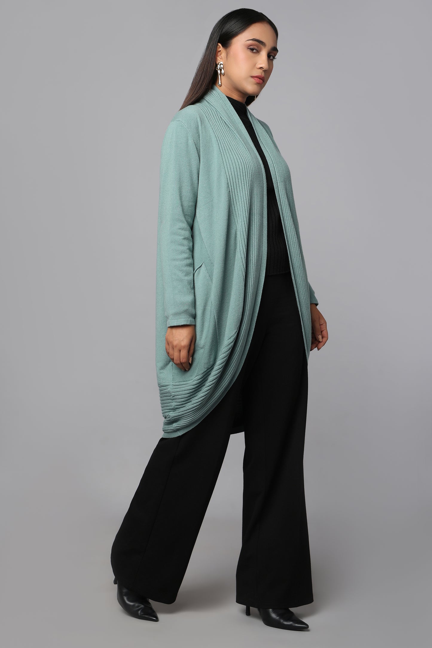 Longline Knit Sweater with Draped Hem - Sage
