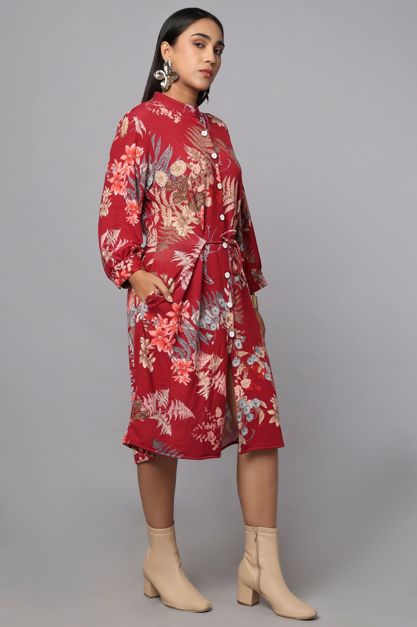 Red Printed Tie-Waist Shirt Dress