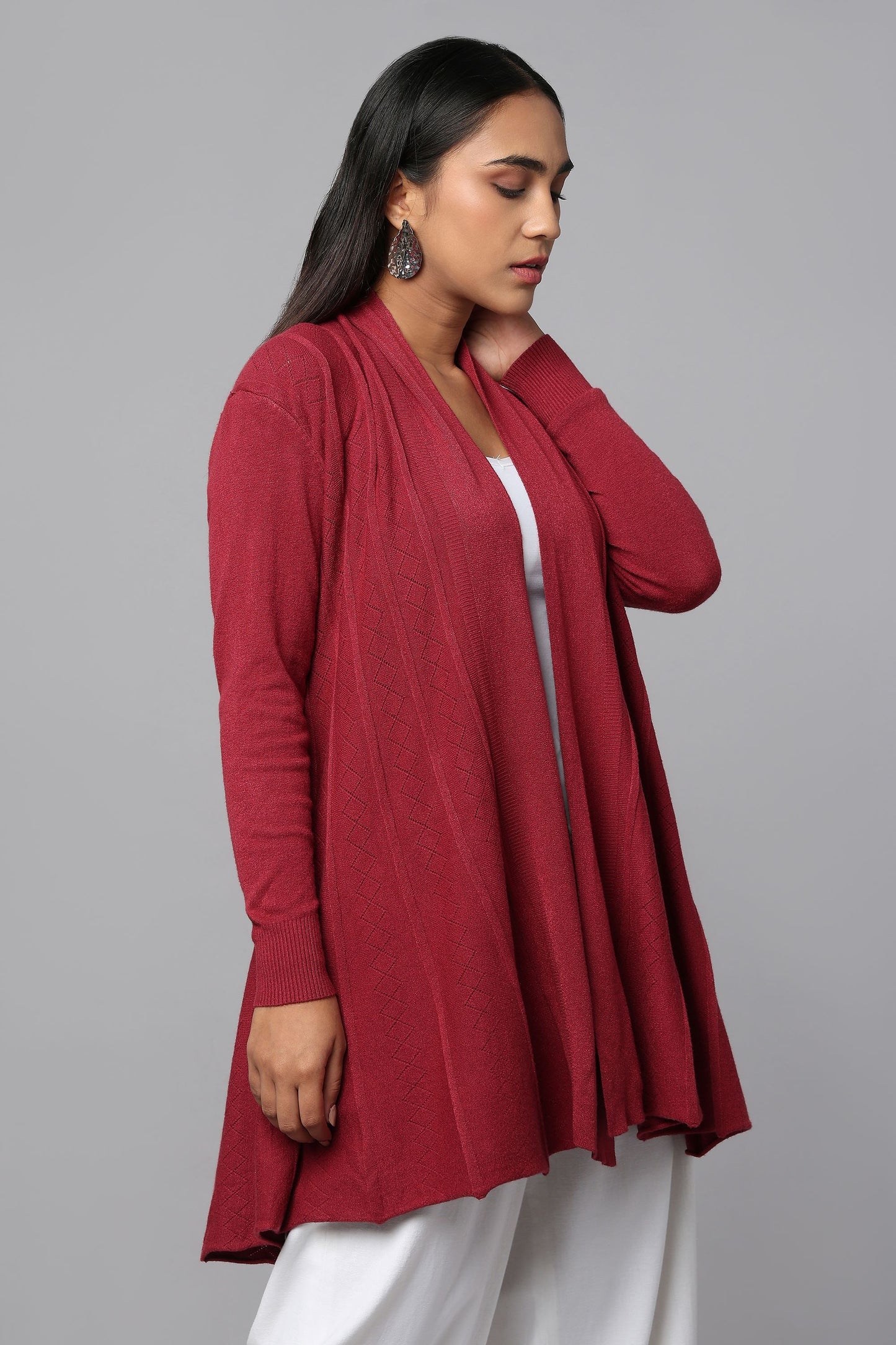 Diamond Knit Longline Cardigan - Maroon