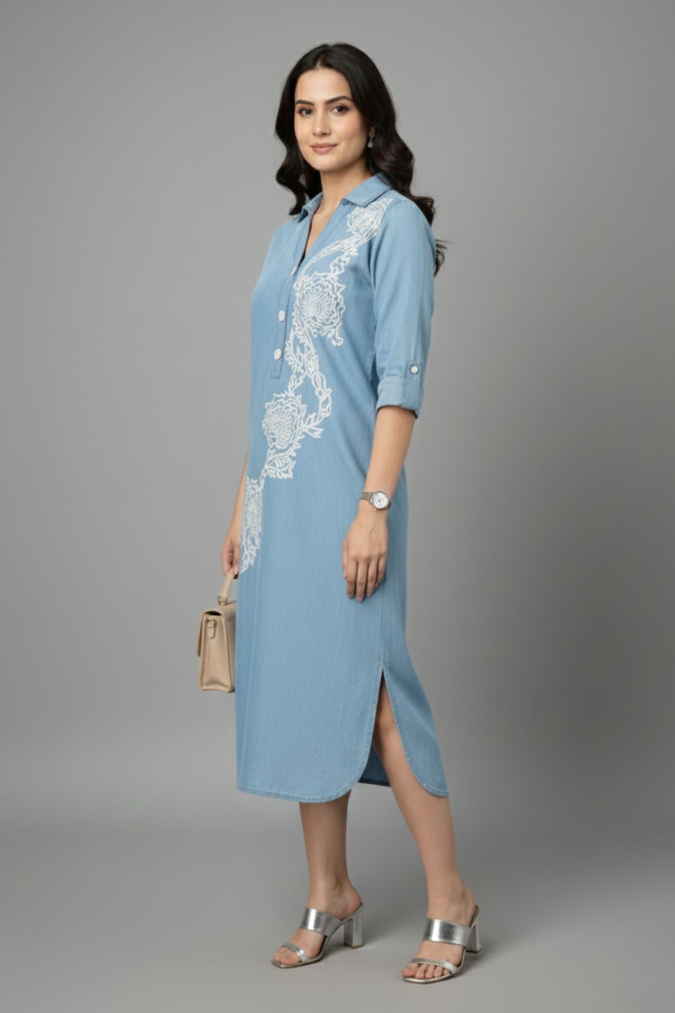 Embroidered Shirt Collar Midi Dress - Blue | Lyocell Denim