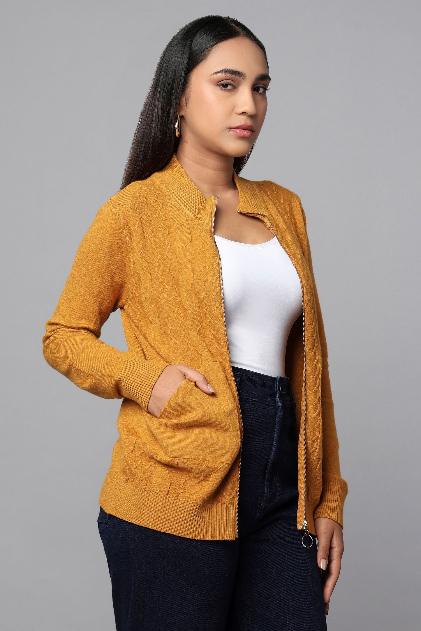 Cable Knit Zip-Up Sweater - Ocher