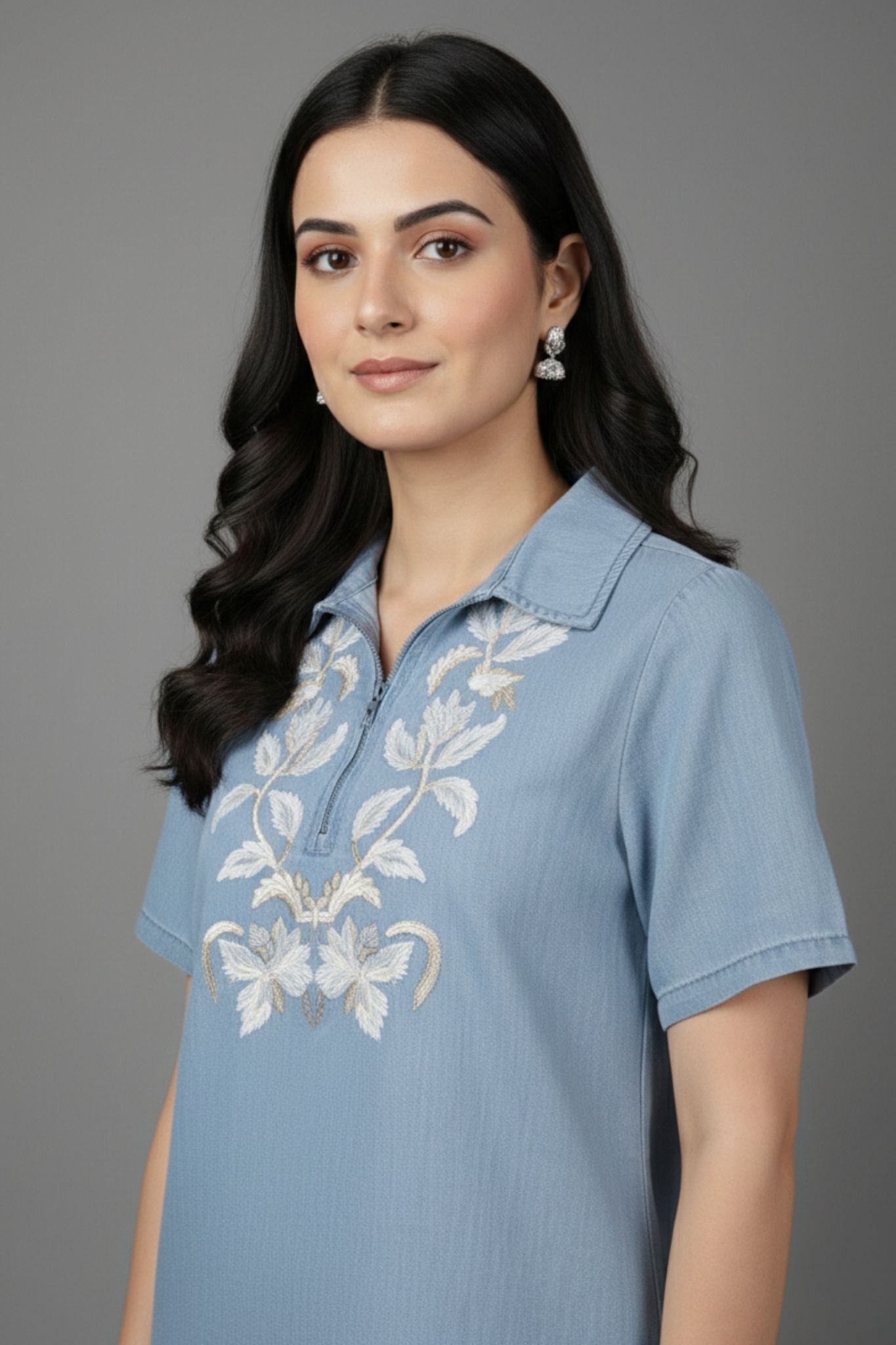 Embroidered Co-Ord Set - Blue | Collared Lyocell Denim