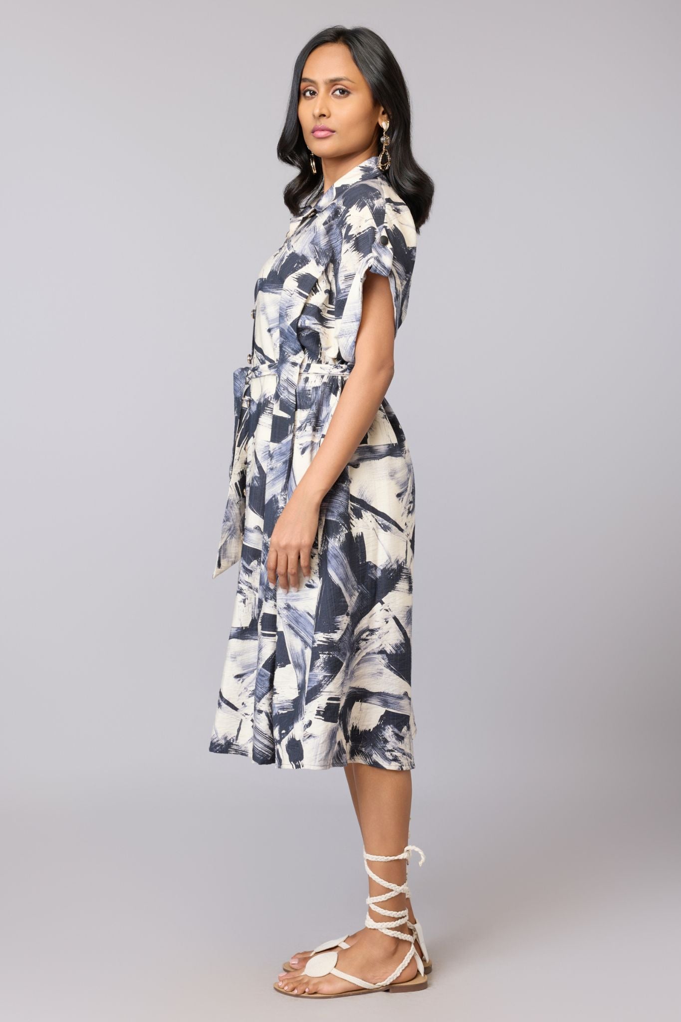 Abstract Belted Midi Dress - Multi | Viscose Blend