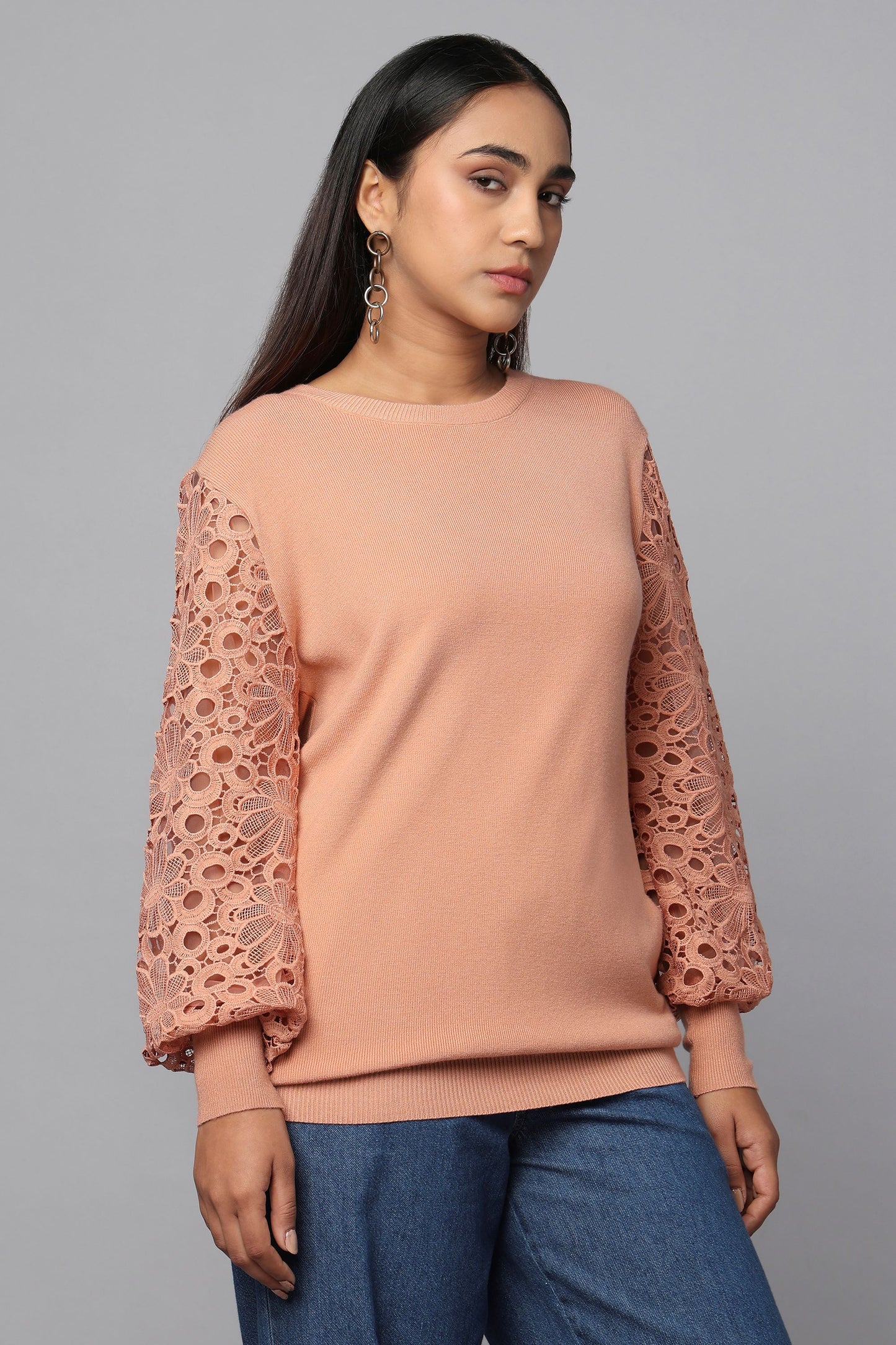 Lace Sleeve Pink Knit Sweater