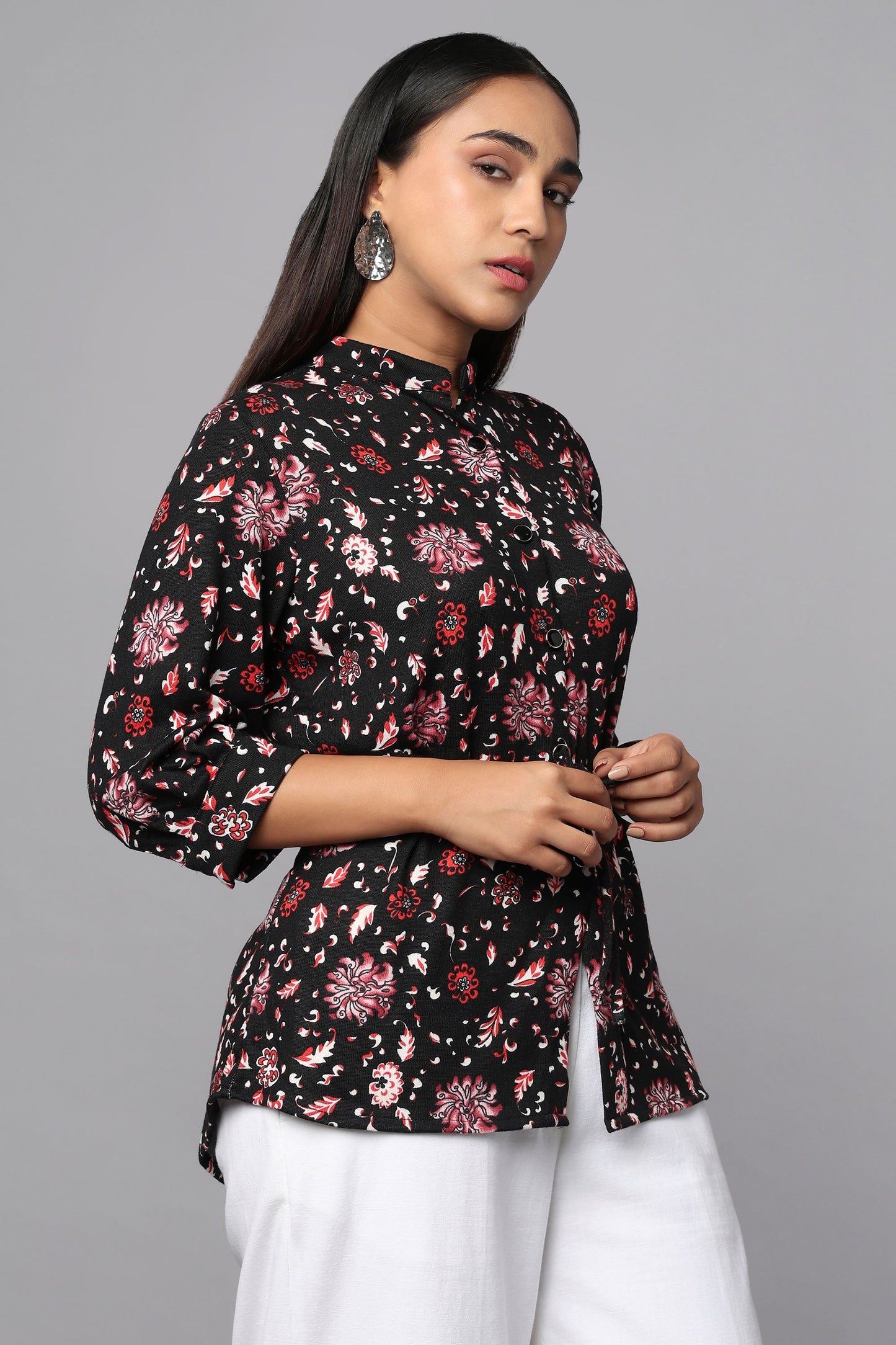 Black Printed Waist-Tie Shirt Top