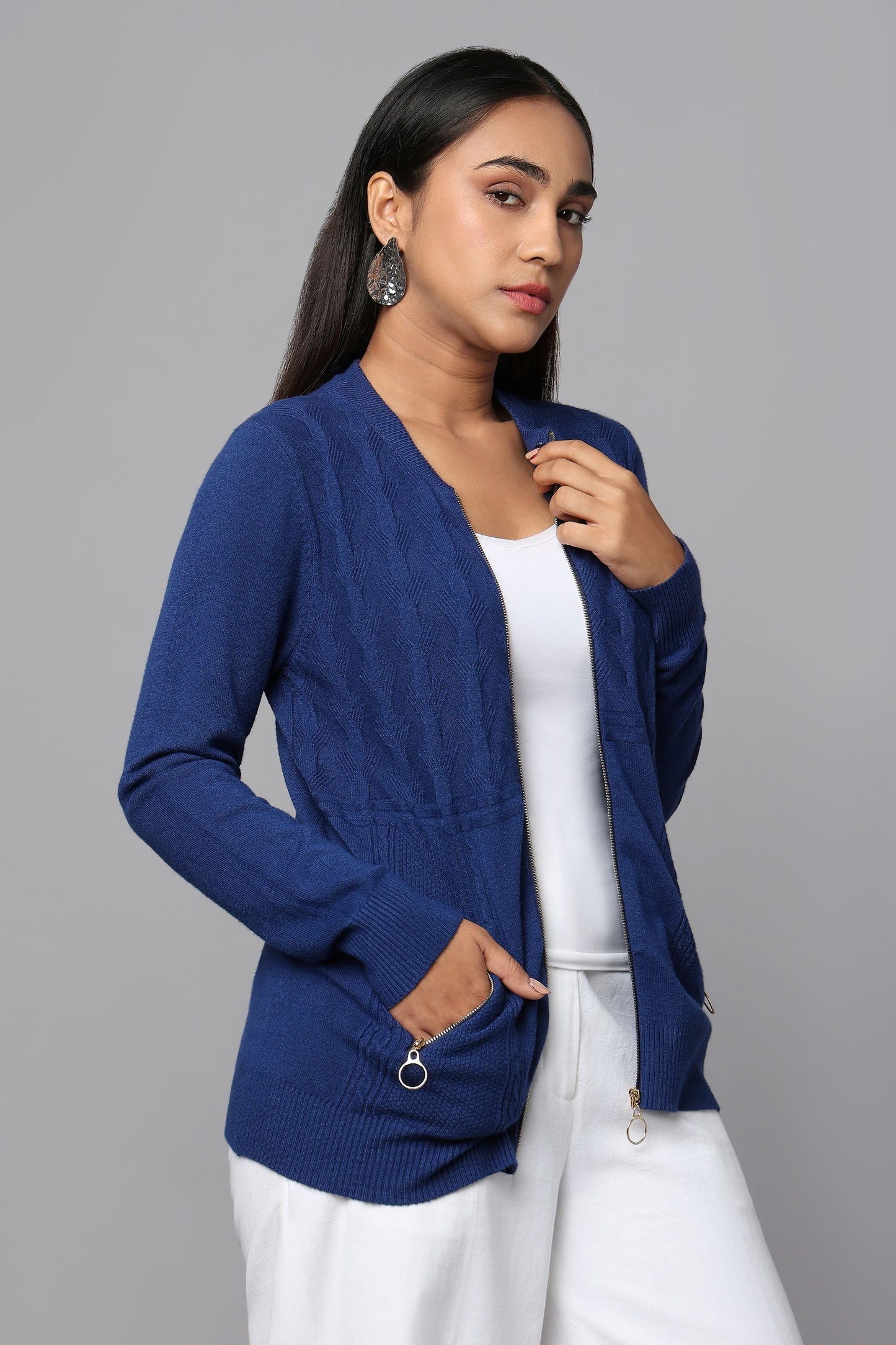 Knit Zip-Front Blue Sweater with Pocket Detail