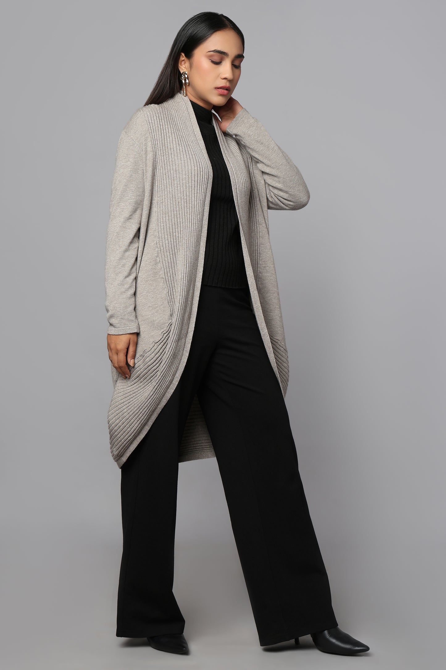 Longline Knit Sweater with Draped Hem - Grey