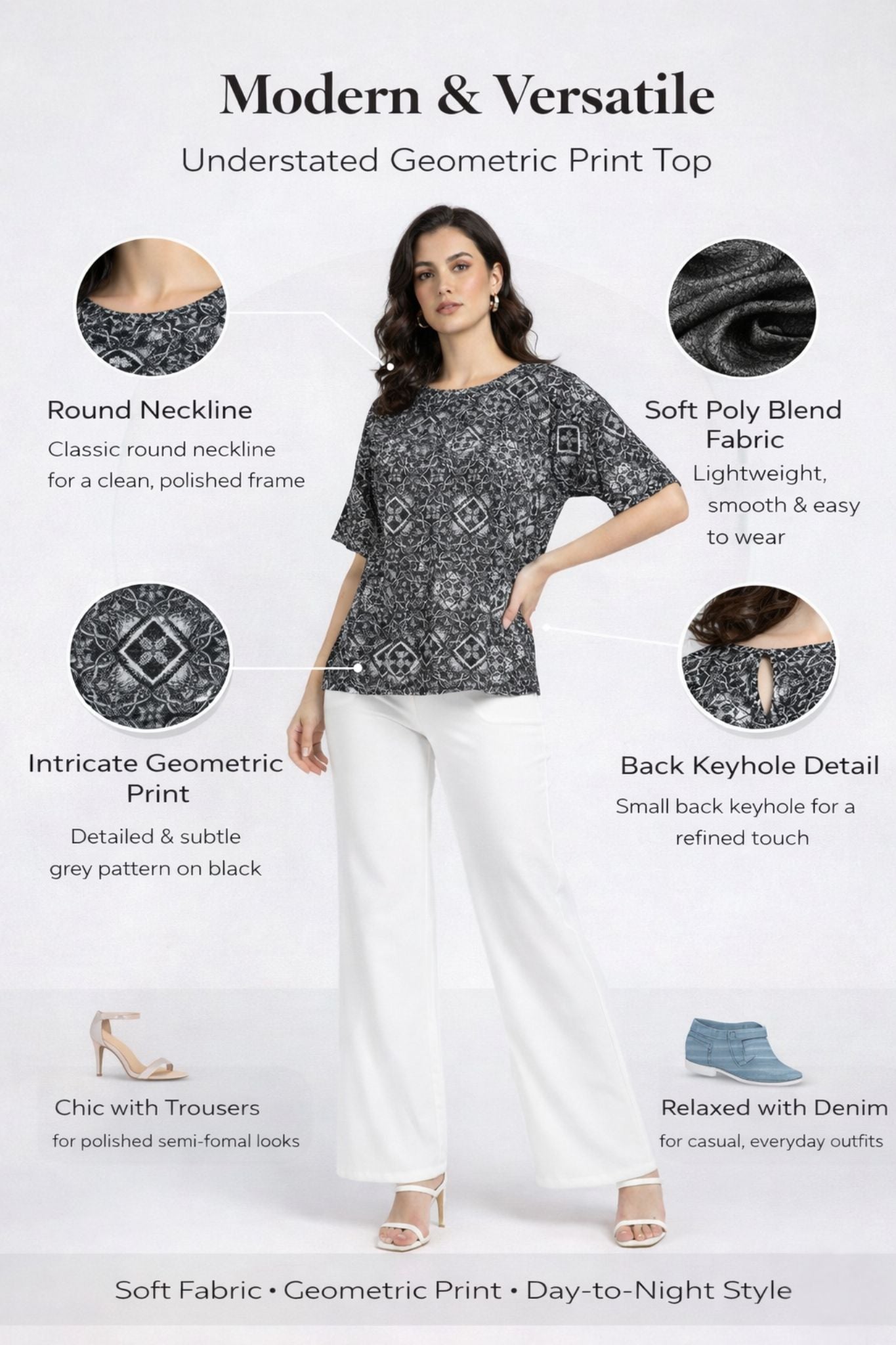 Geometric Printed Top – Black | Poly Blend