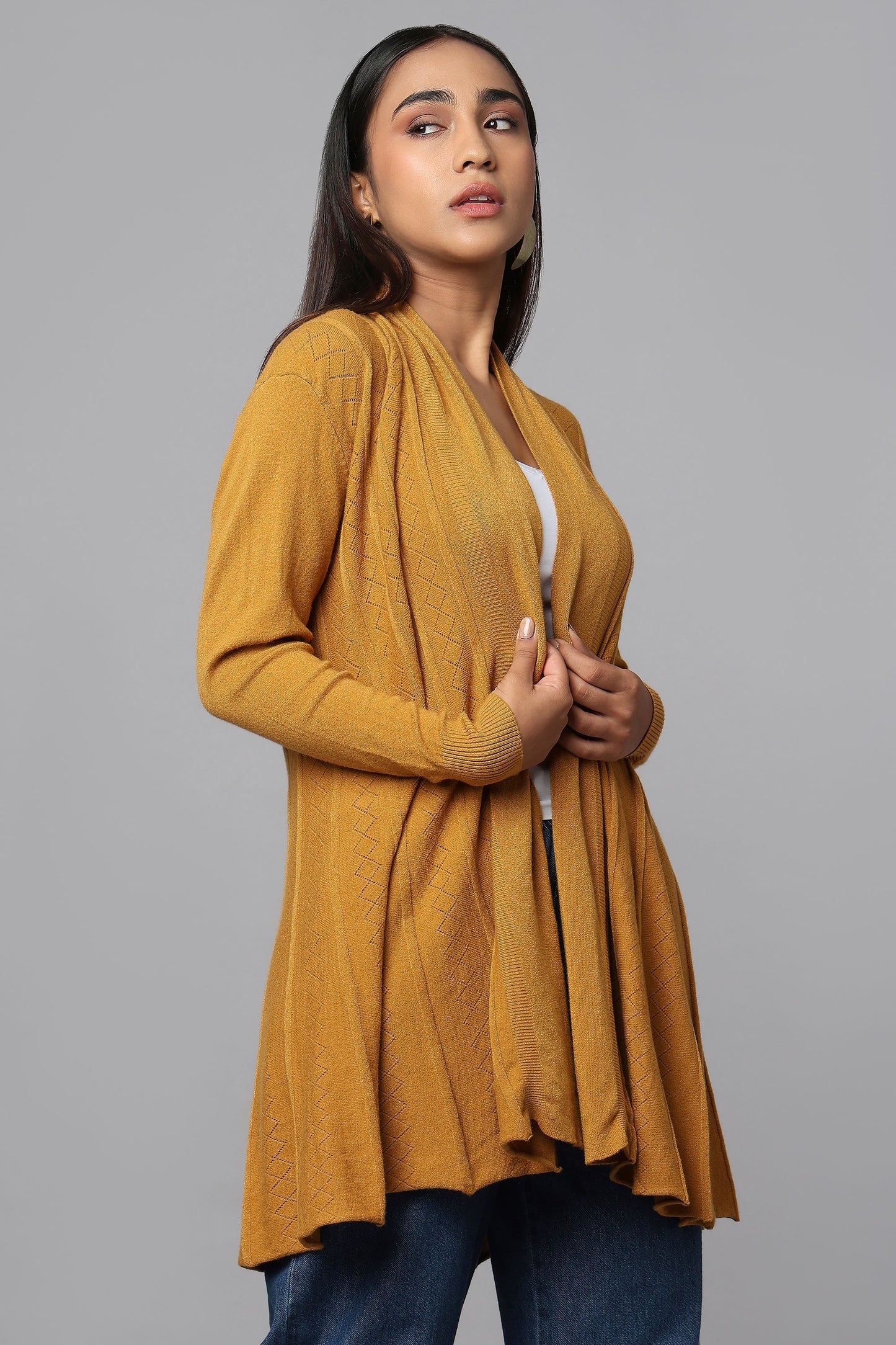 Diamond Knit Longline Cardigan - Ocher