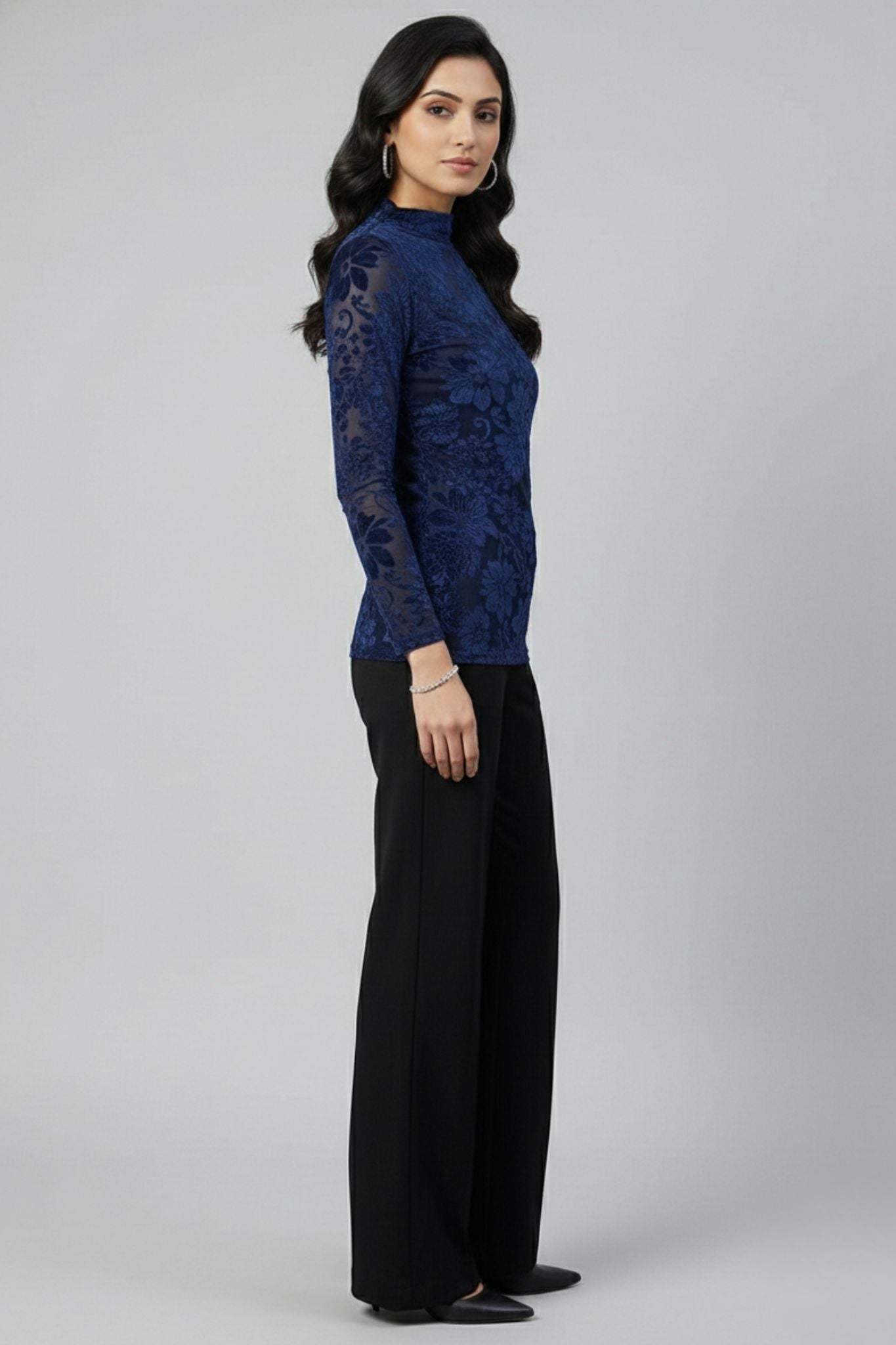 Long Sleeve Floral Top - Navy | Velvet Burnout