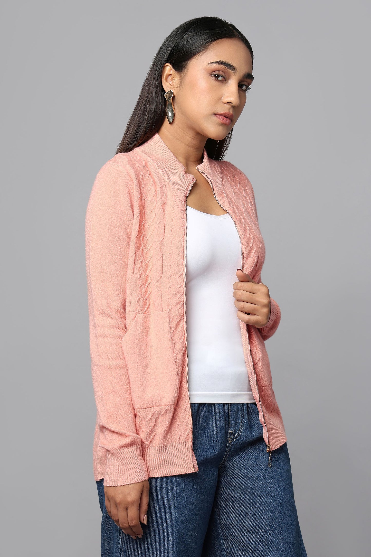 Cable Knit Zip-Up Sweater - Pink