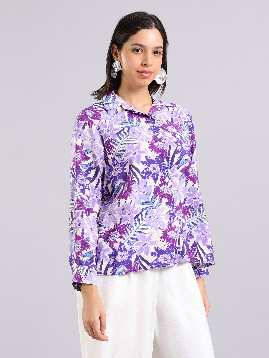 Tropical Floral Print Button-Down Shirt