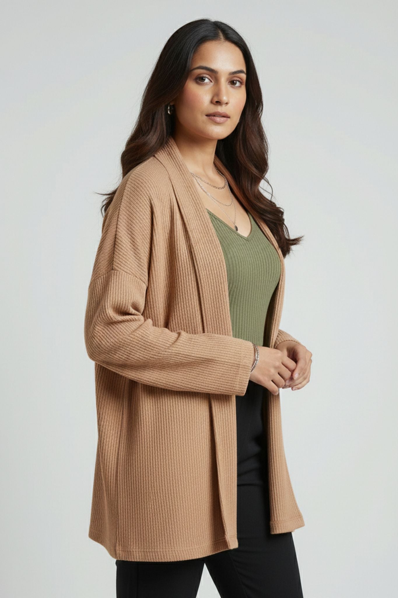 Dark Beige Ribbed Open Shrug