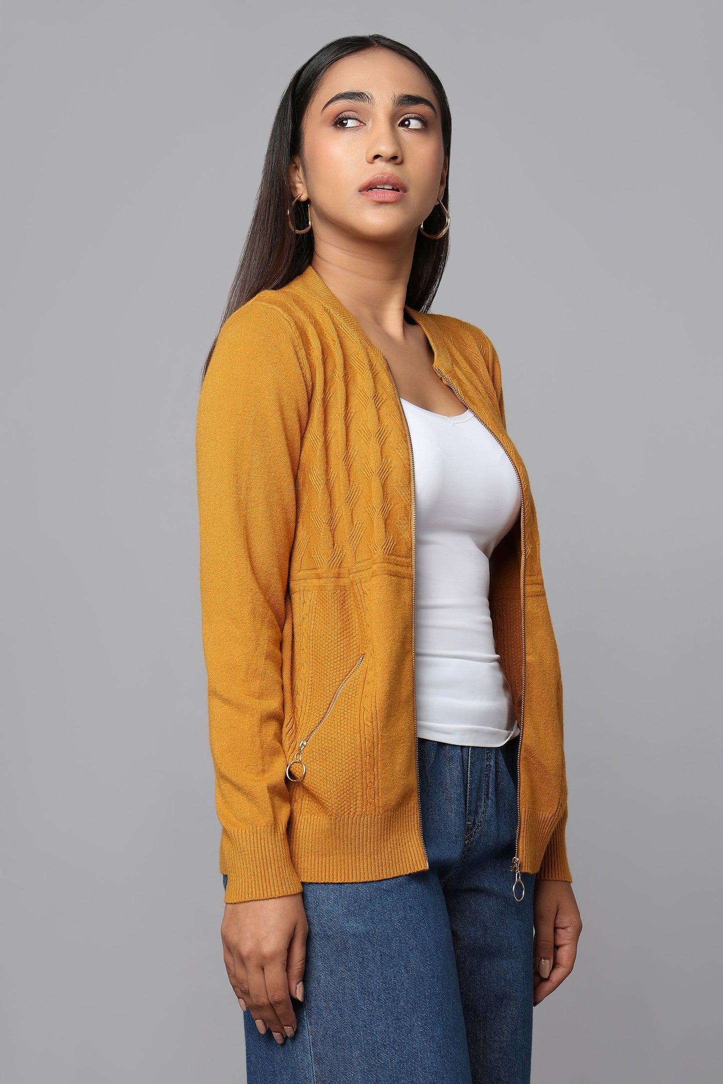 Knit Zip-Front Ocher Sweater with Pocket Detail