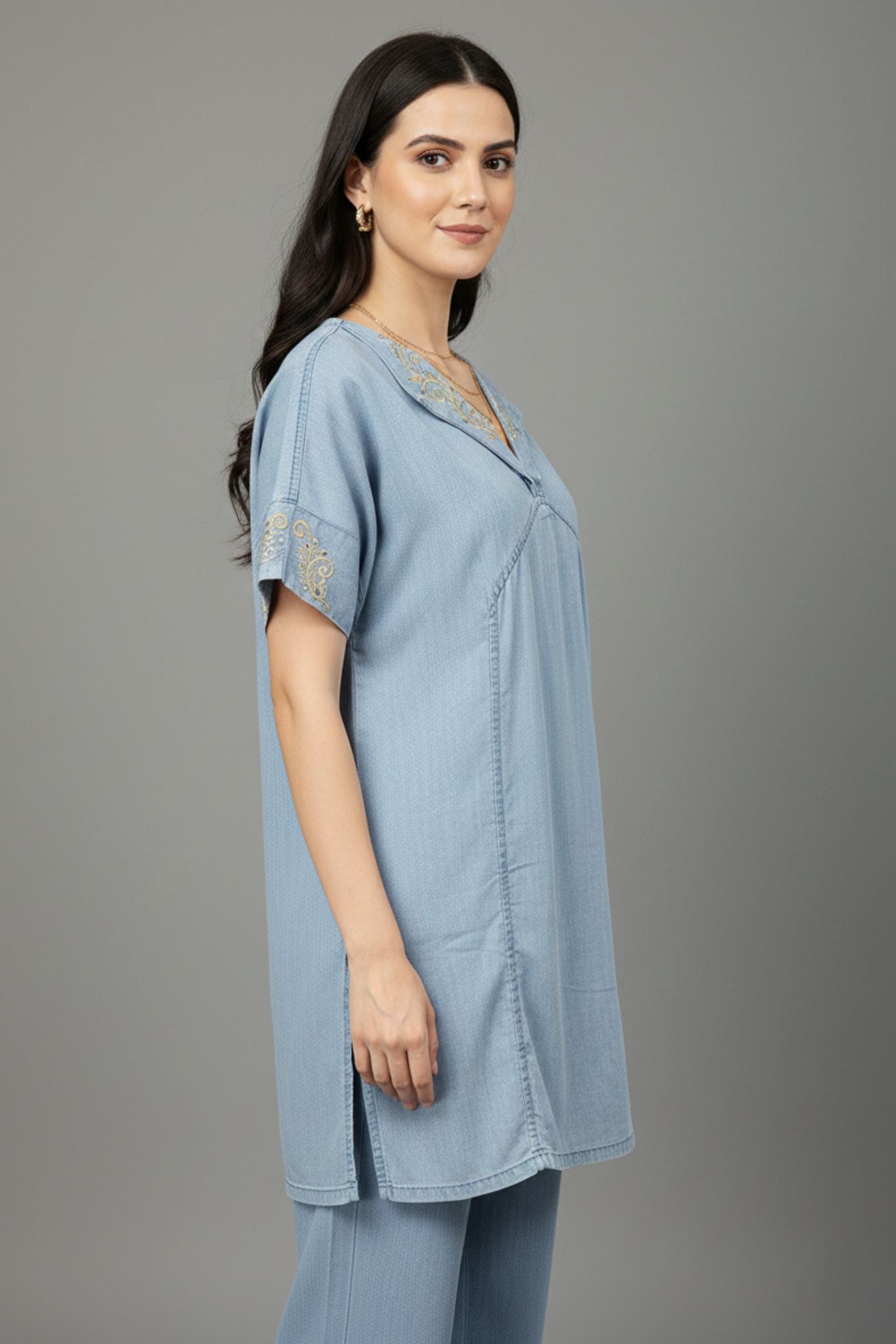 Short Sleeves Embroidered Tunic - Blue | Lyocell Denim