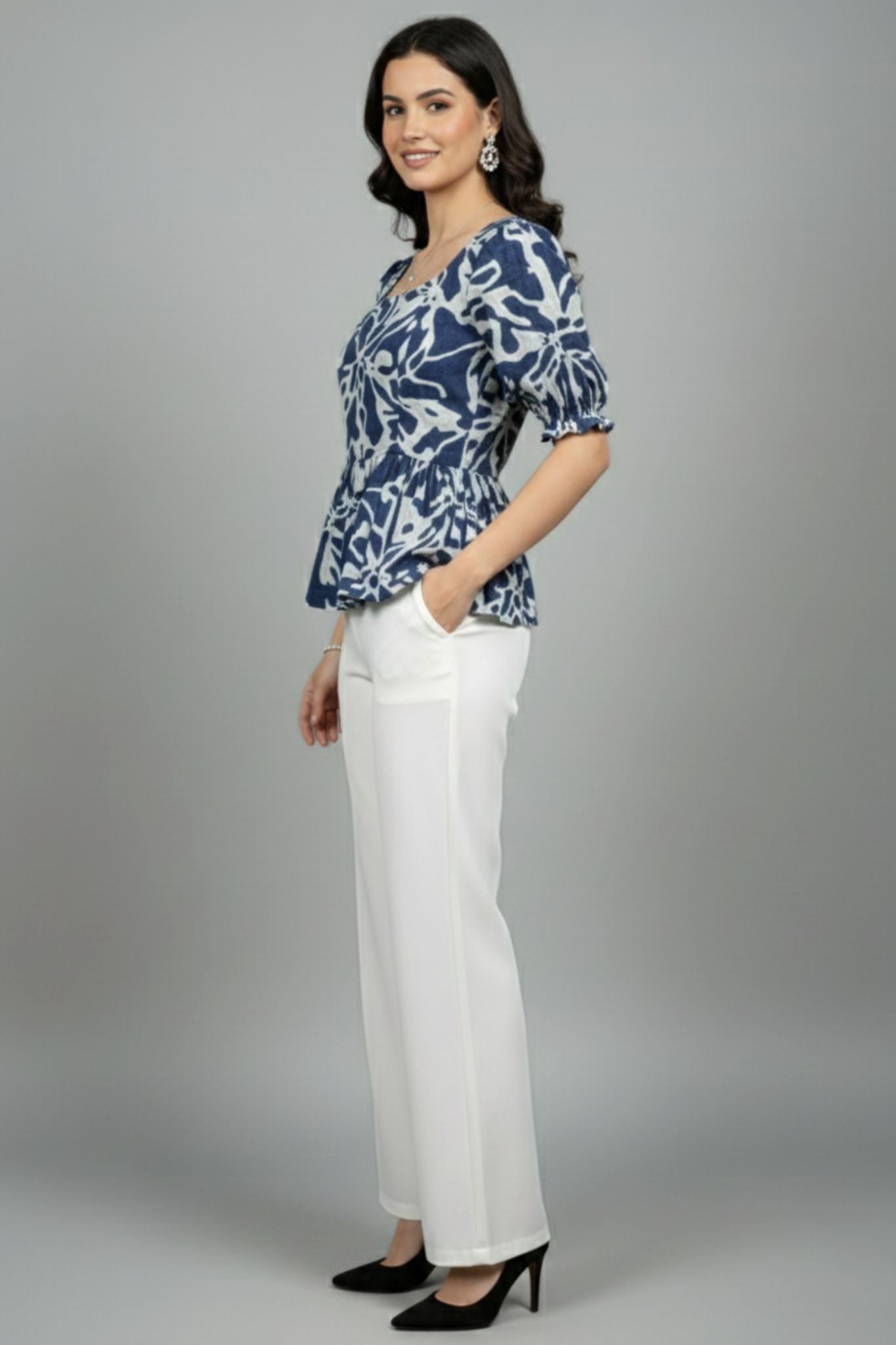 Puff Sleeve Peplum Top - Blue | Lyocell Denim