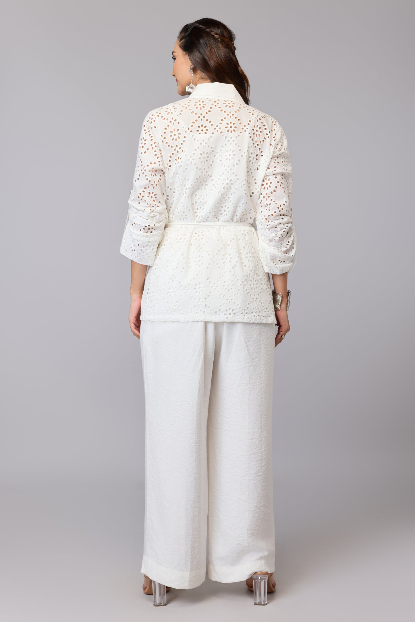 Classic White Belted Schiffli Shirt