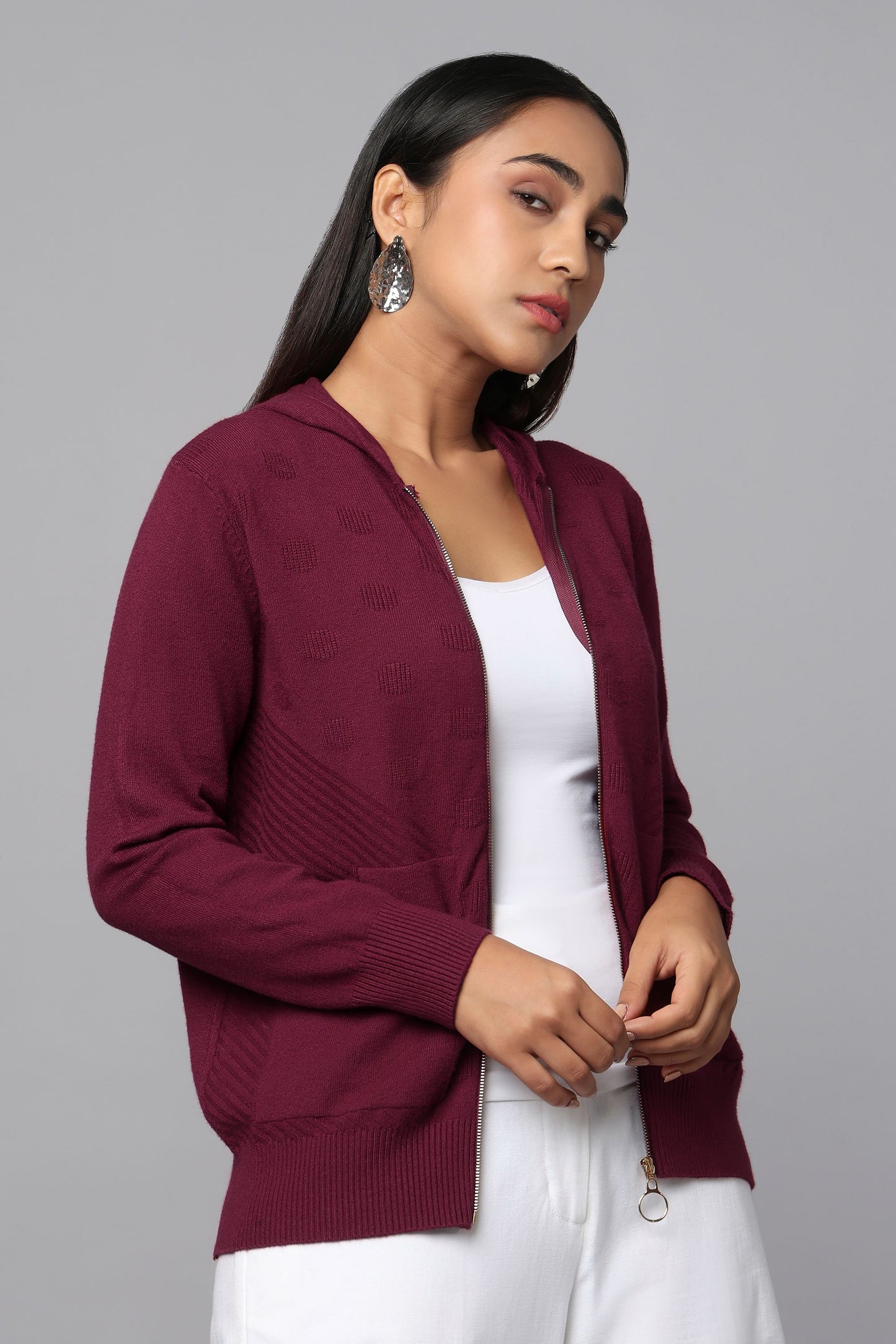 Hoodie Maroon Knit Sweater