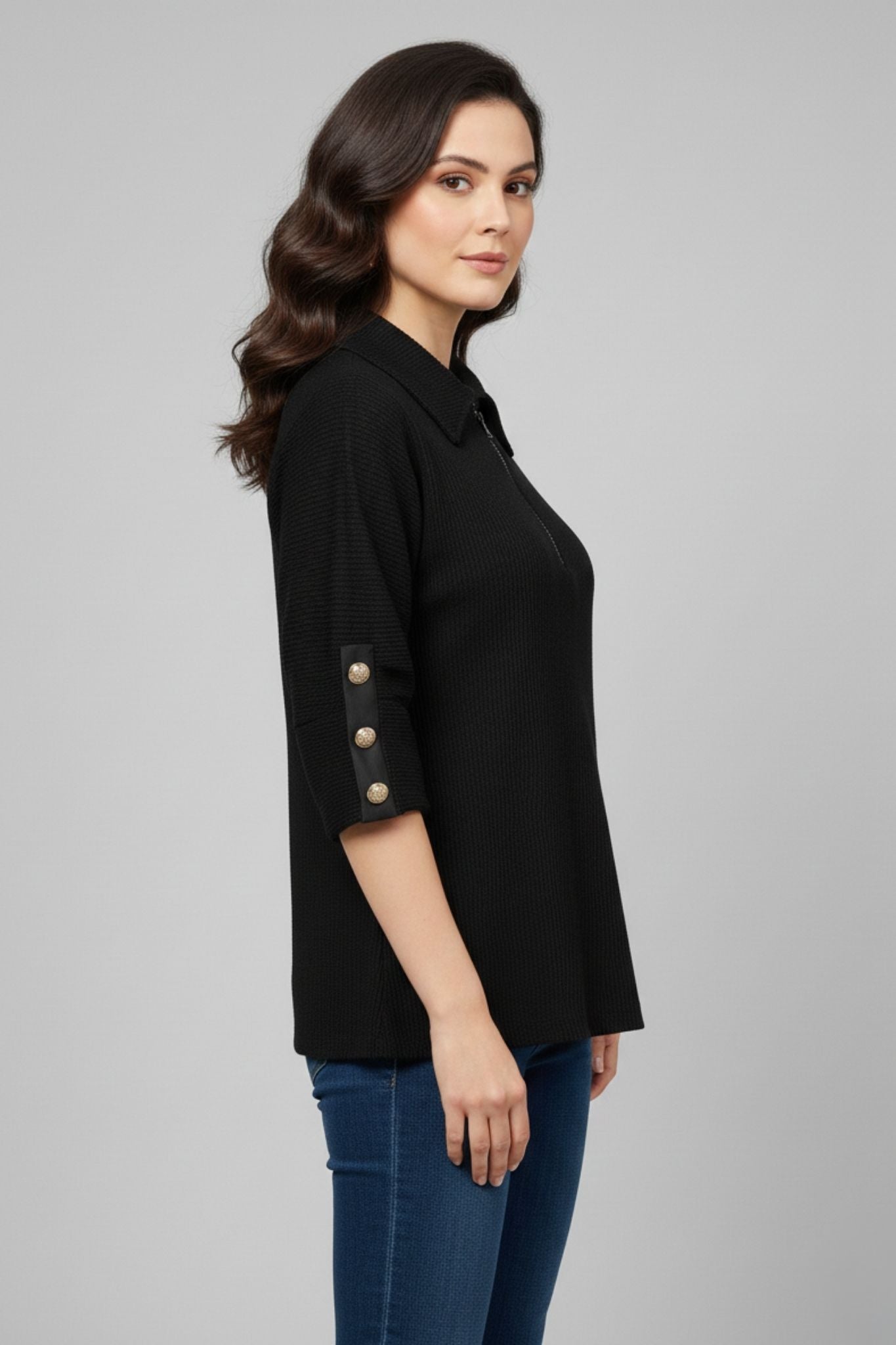 Black Textured Zip-Neck Top