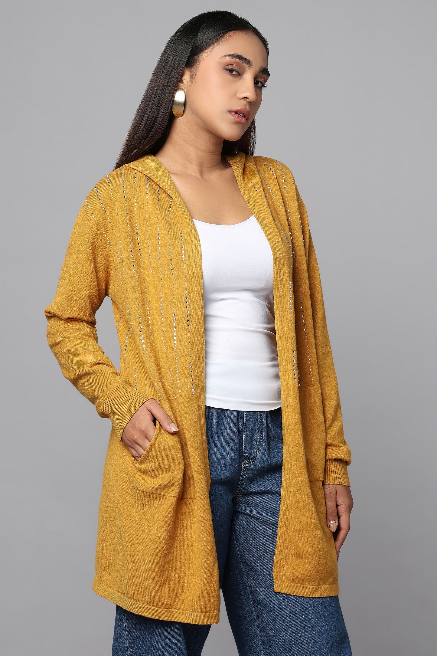 Hooded Embellished Longline Cardigan - Ocher