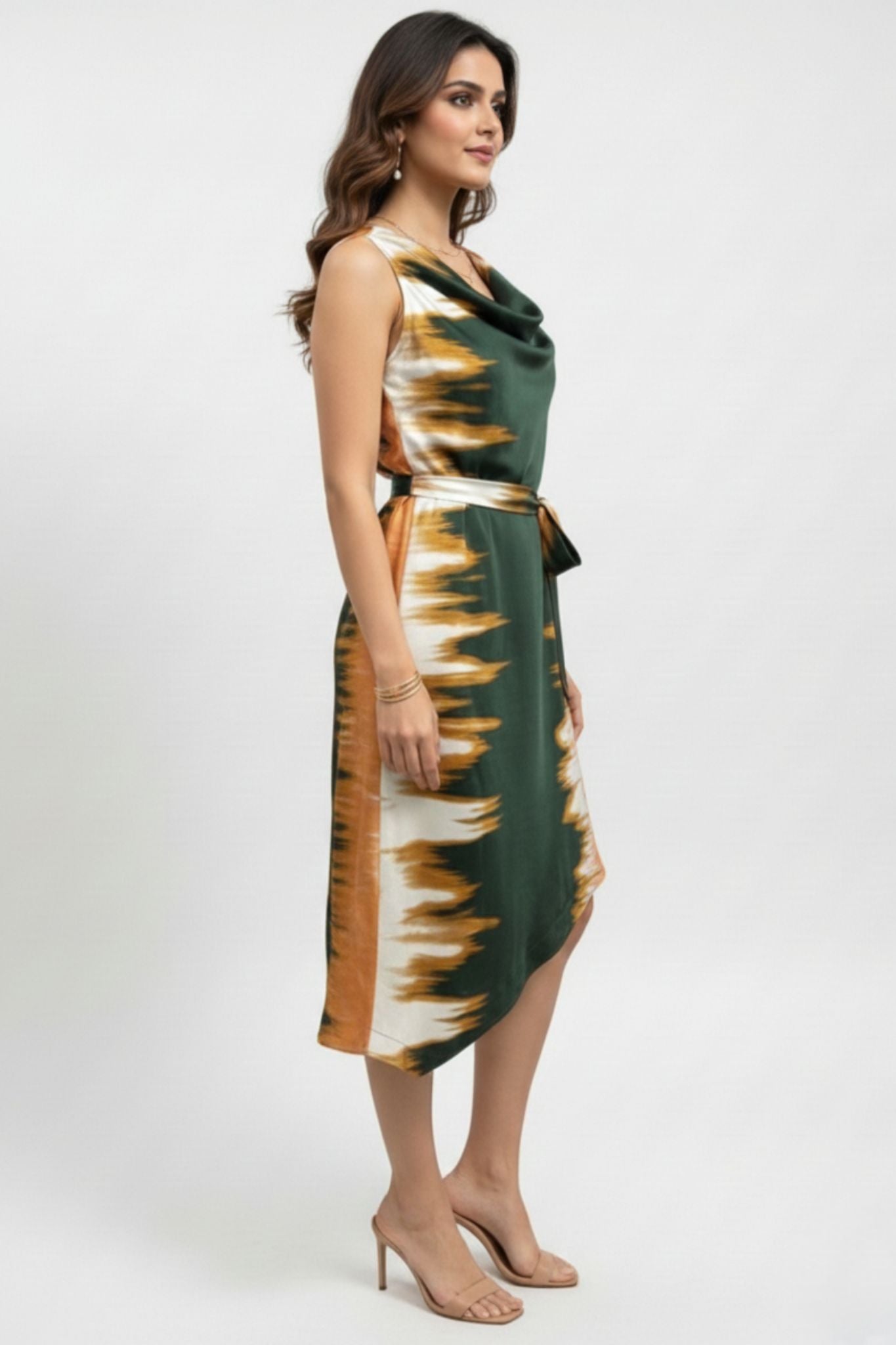 Asymmetric Cowl Neck Dress - Multi | Polyester