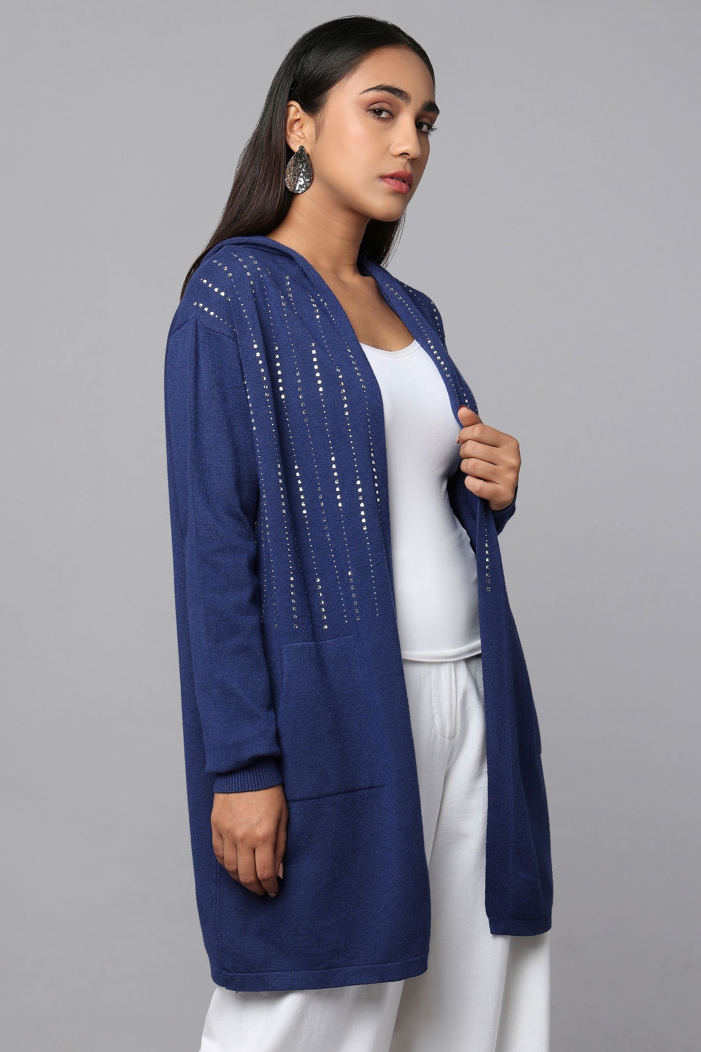 Hooded Embellished Longline Cardigan - Blue