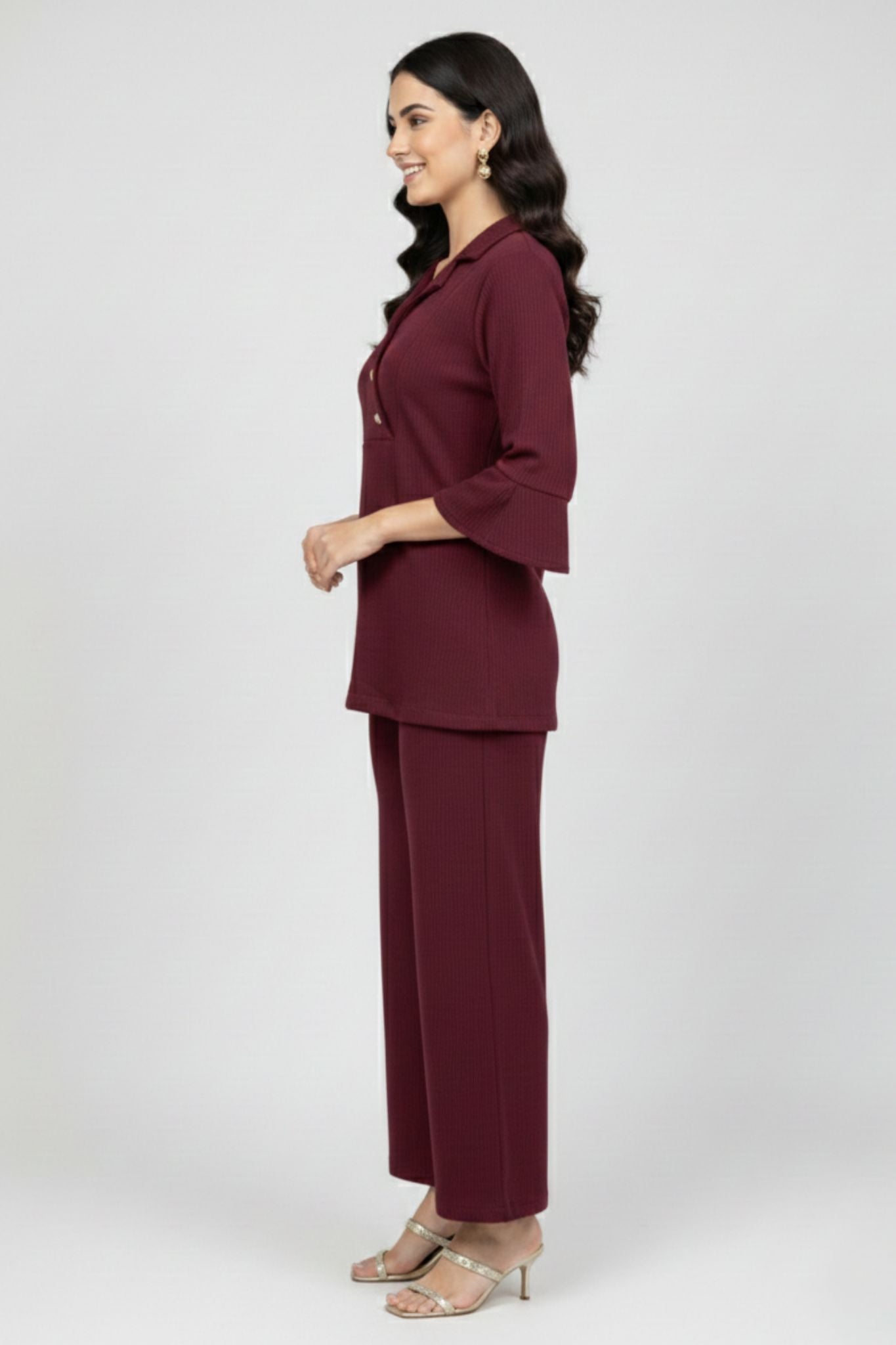 Maroon Button-Detail Co-Ord Set