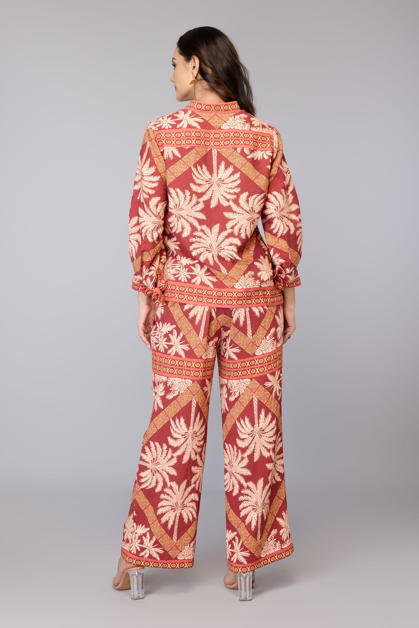 Palm Print Co-Ord Set - Brown | Viscose Blend
