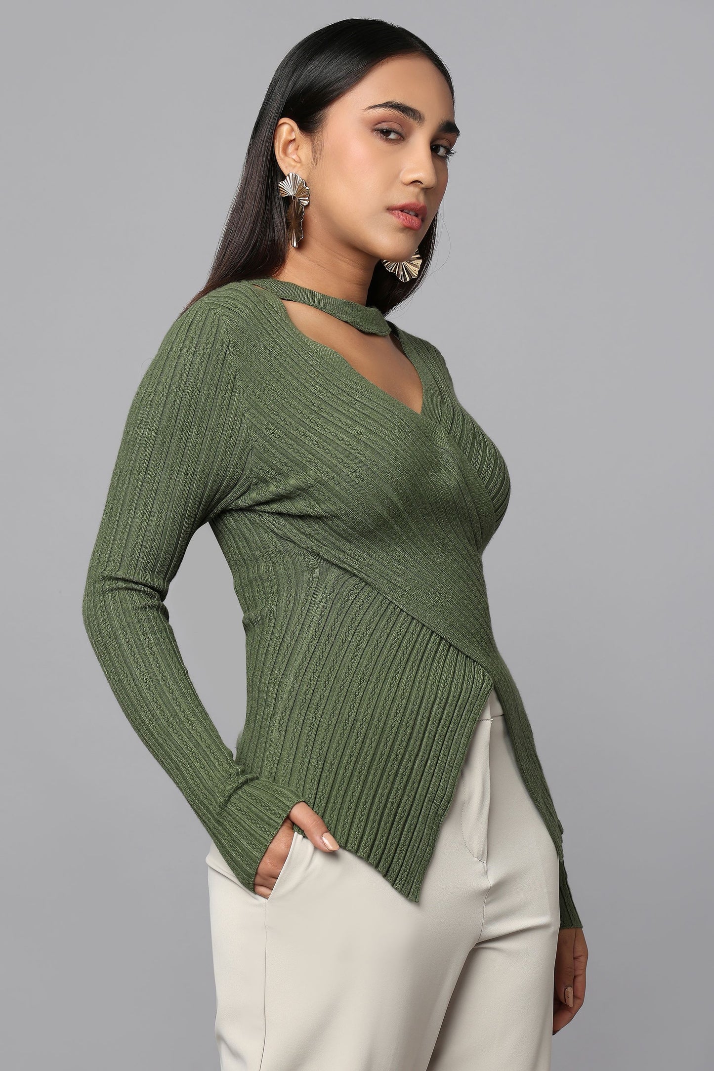 Ribbed Wrap Knit Sweater - Olive