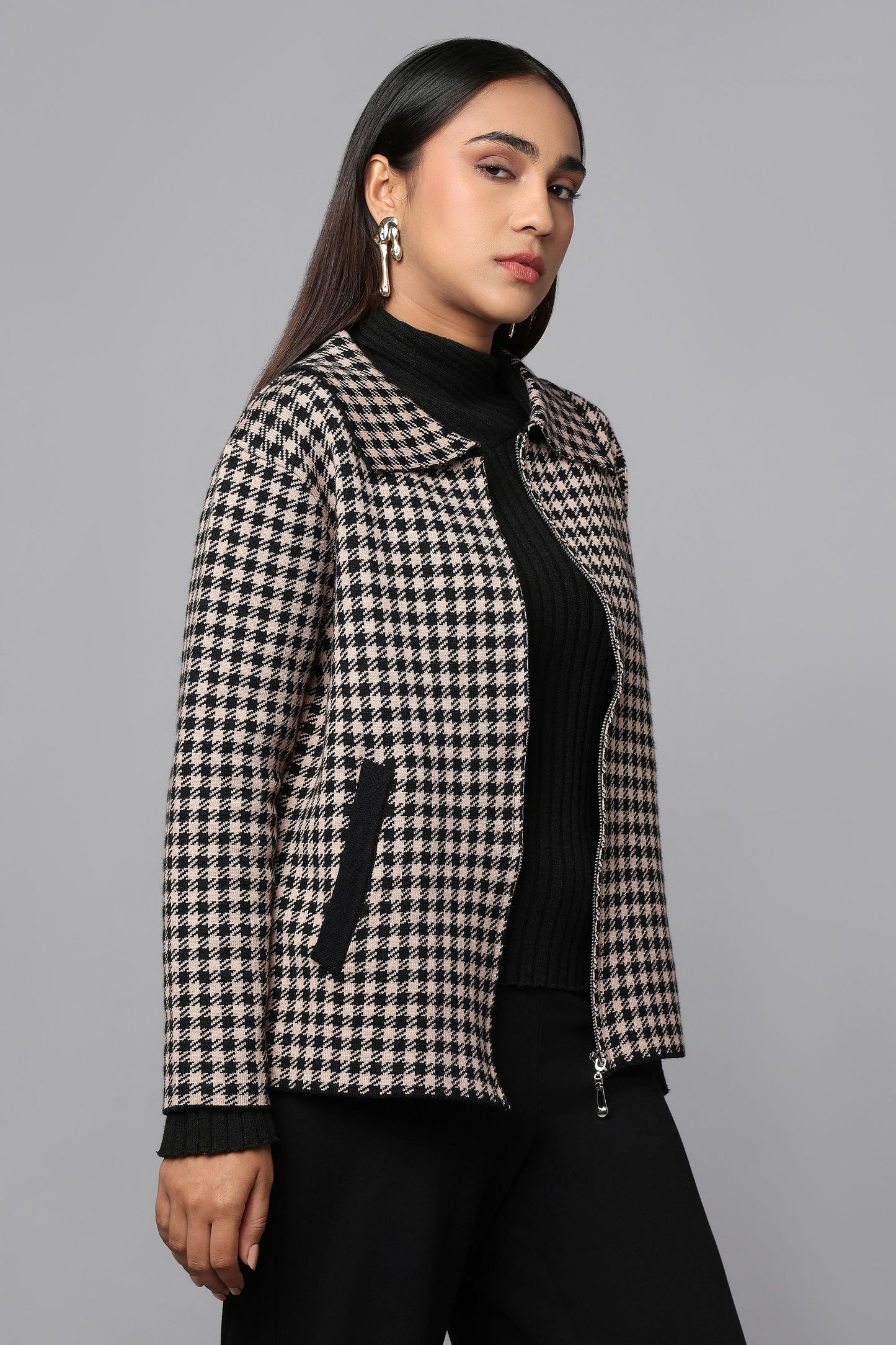 Houndstooth Black Zip-Up Sweater