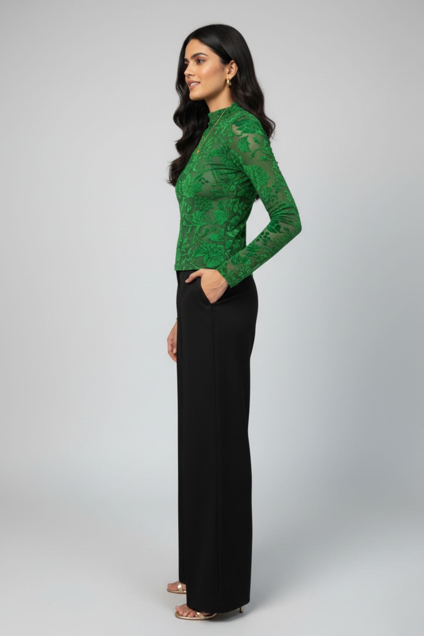 Green Floral Velvet Burnout Top