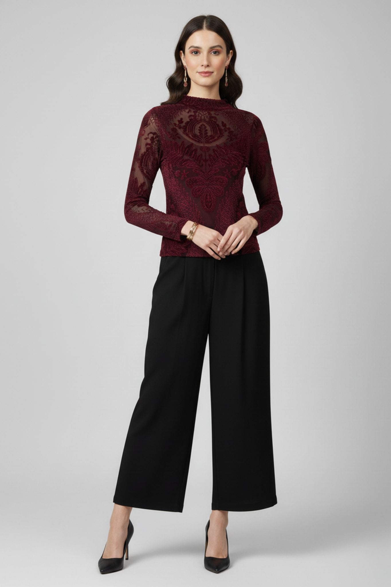 Maroon Velvet Burnout High-Neck Top