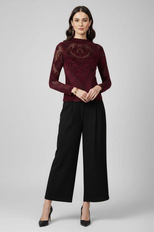 Maroon Velvet Burnout High-Neck Top