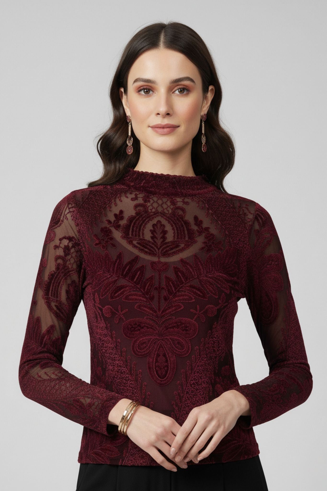 Maroon Velvet Burnout High-Neck Top