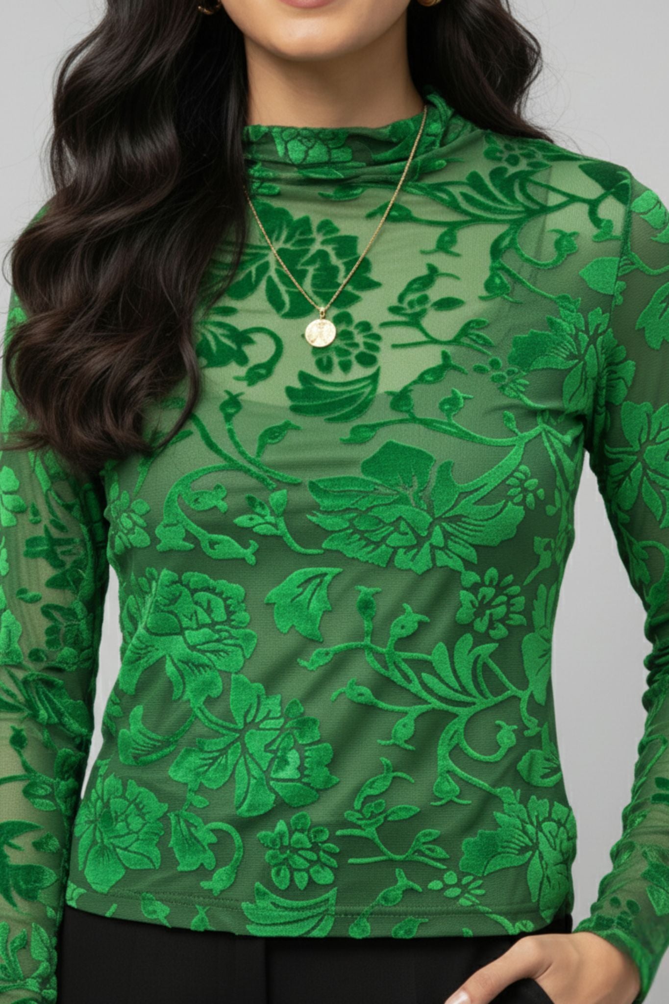 Green Floral Velvet Burnout Top