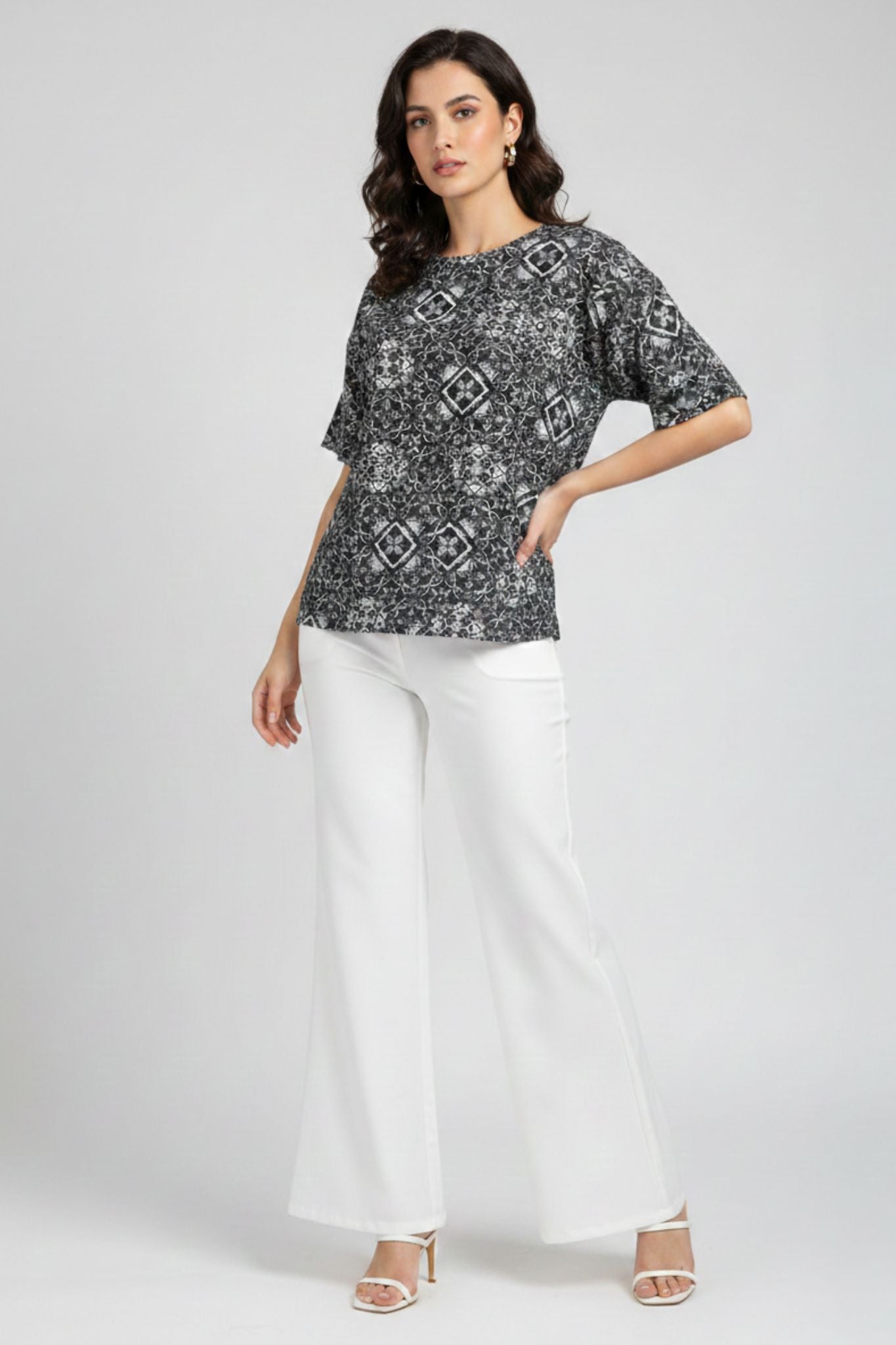 Geometric Printed Top – Black | Poly Blend
