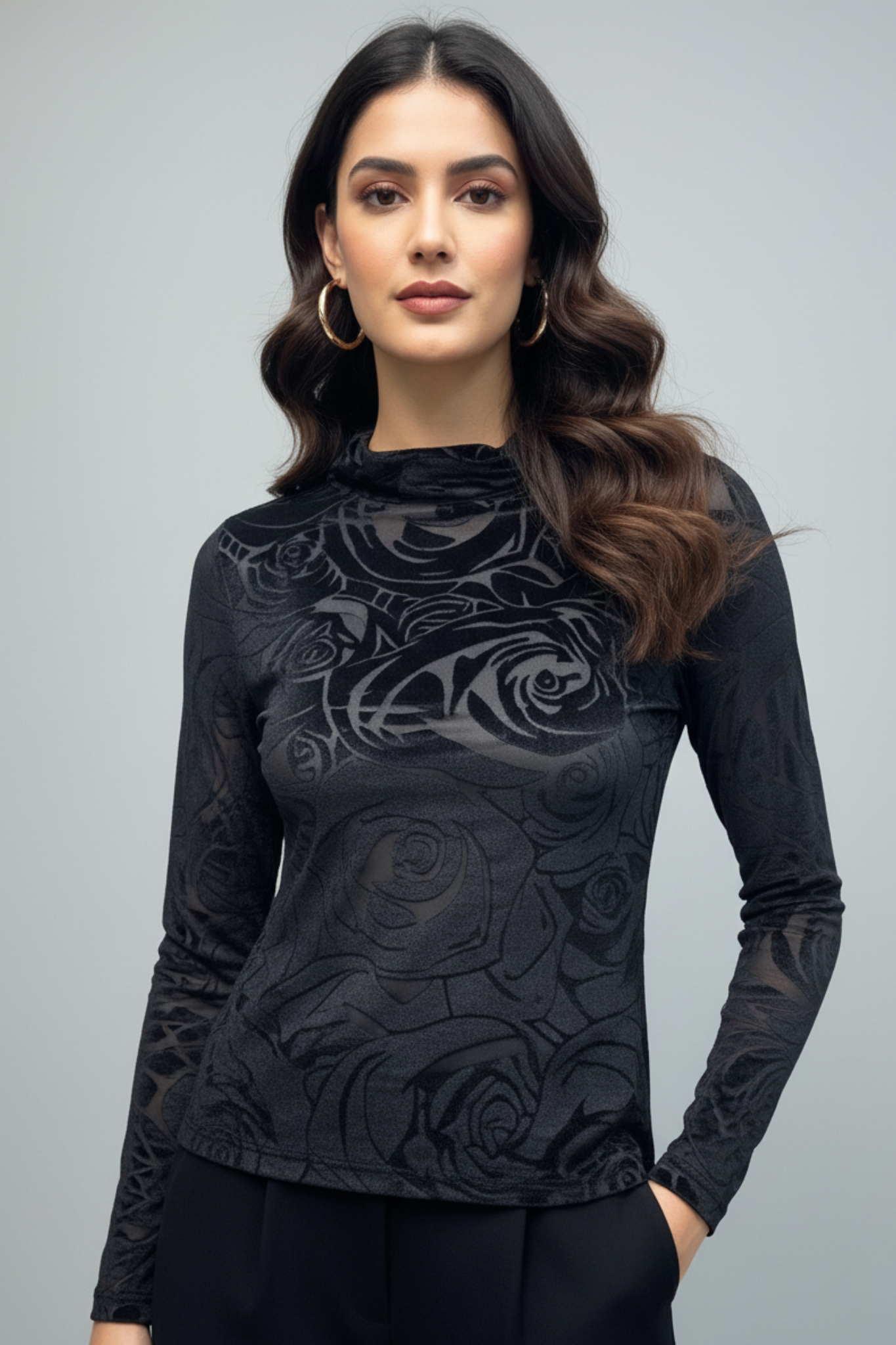 Black Velvet Burnout High-Neck Top