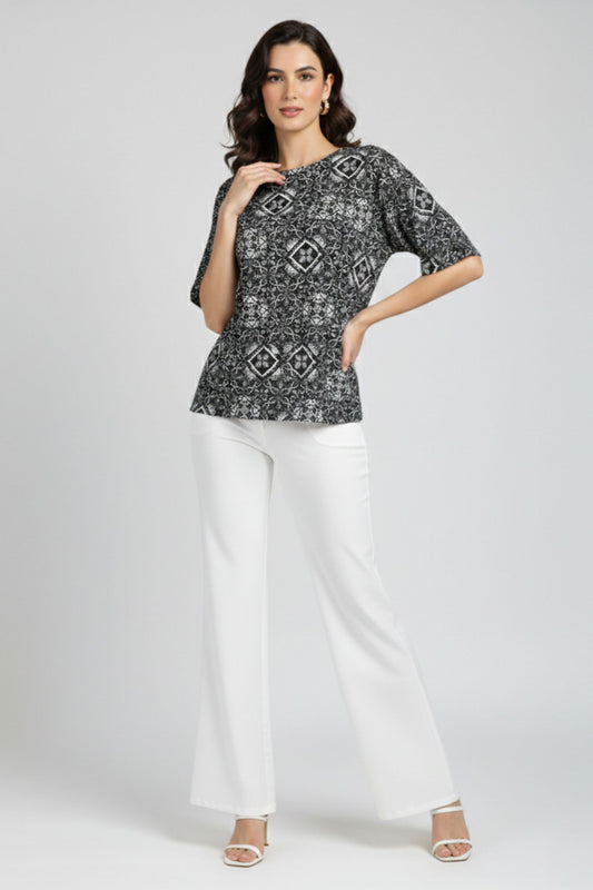 Geometric Printed Top – Black | Poly Blend
