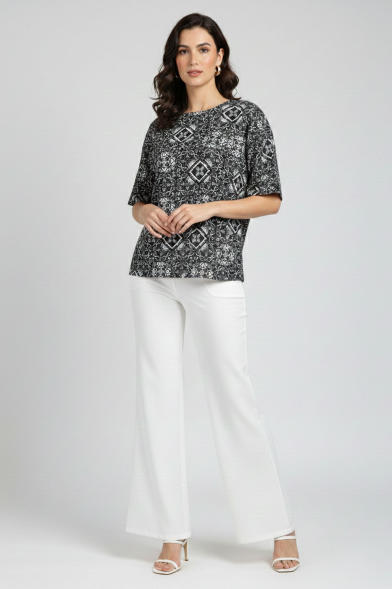 Geometric Printed Top – Black | Poly Blend