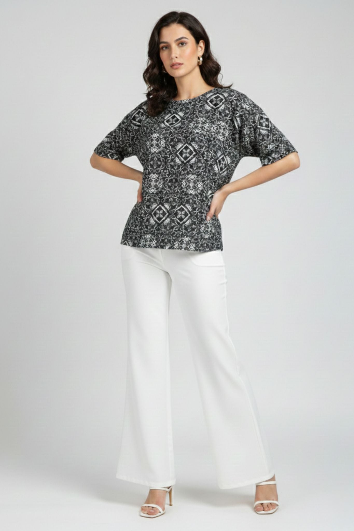Geometric Printed Top – Black | Poly Blend