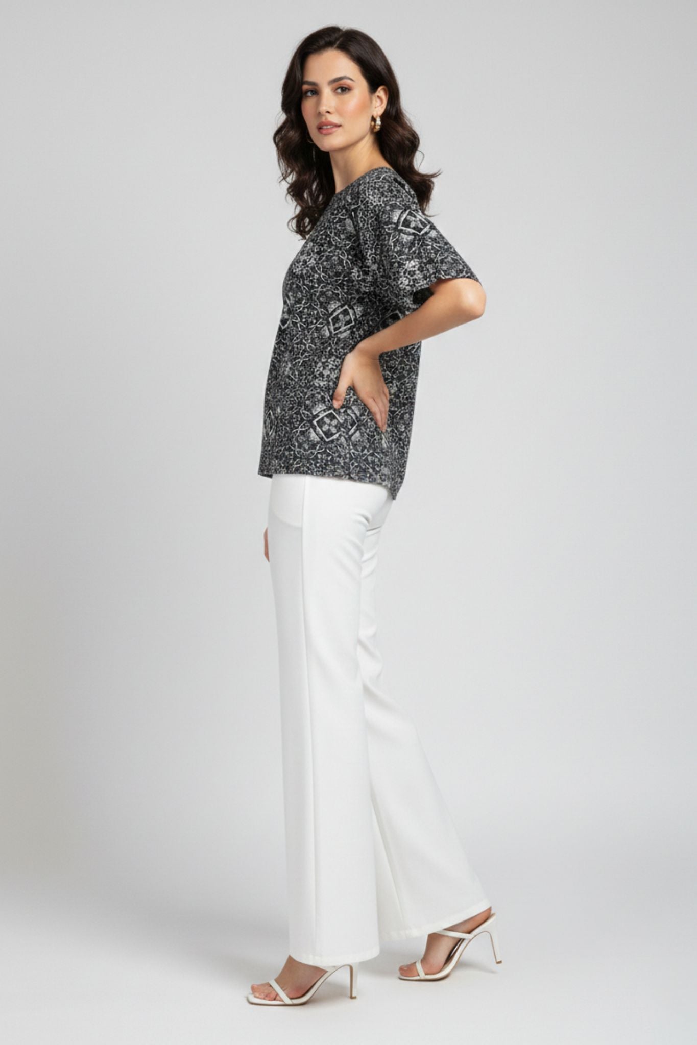 Geometric Printed Top – Black | Poly Blend