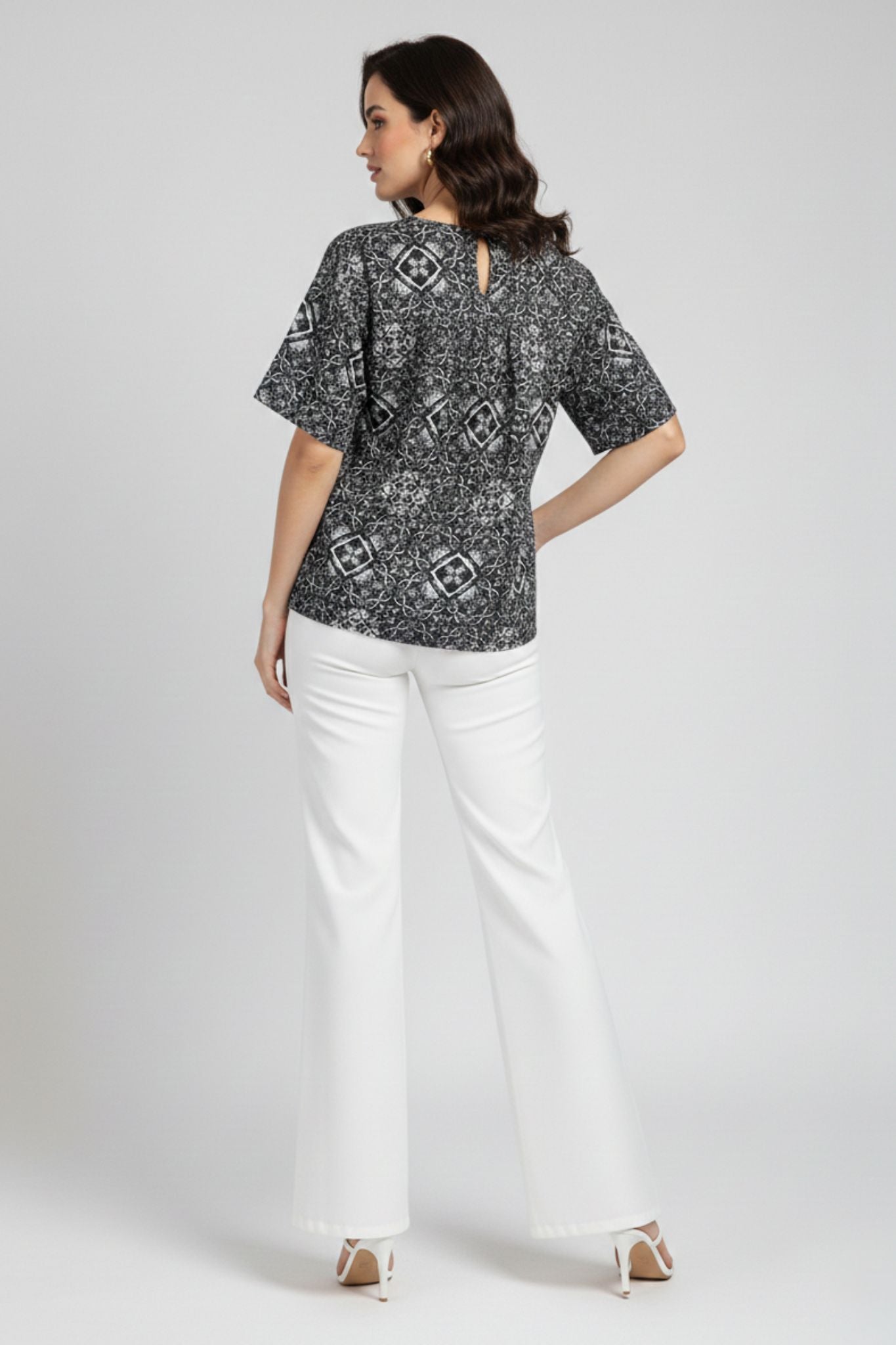 Geometric Printed Top – Black | Poly Blend