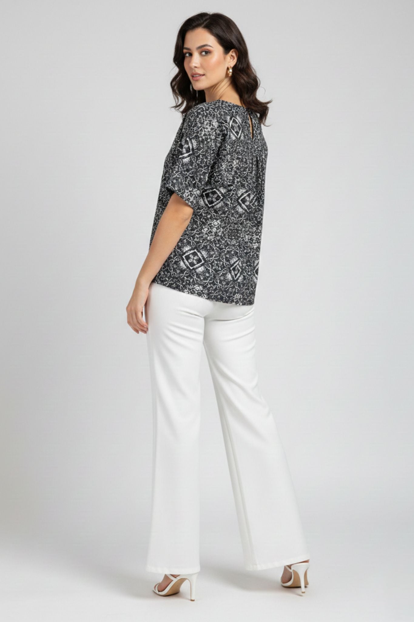 Geometric Printed Top – Black | Poly Blend