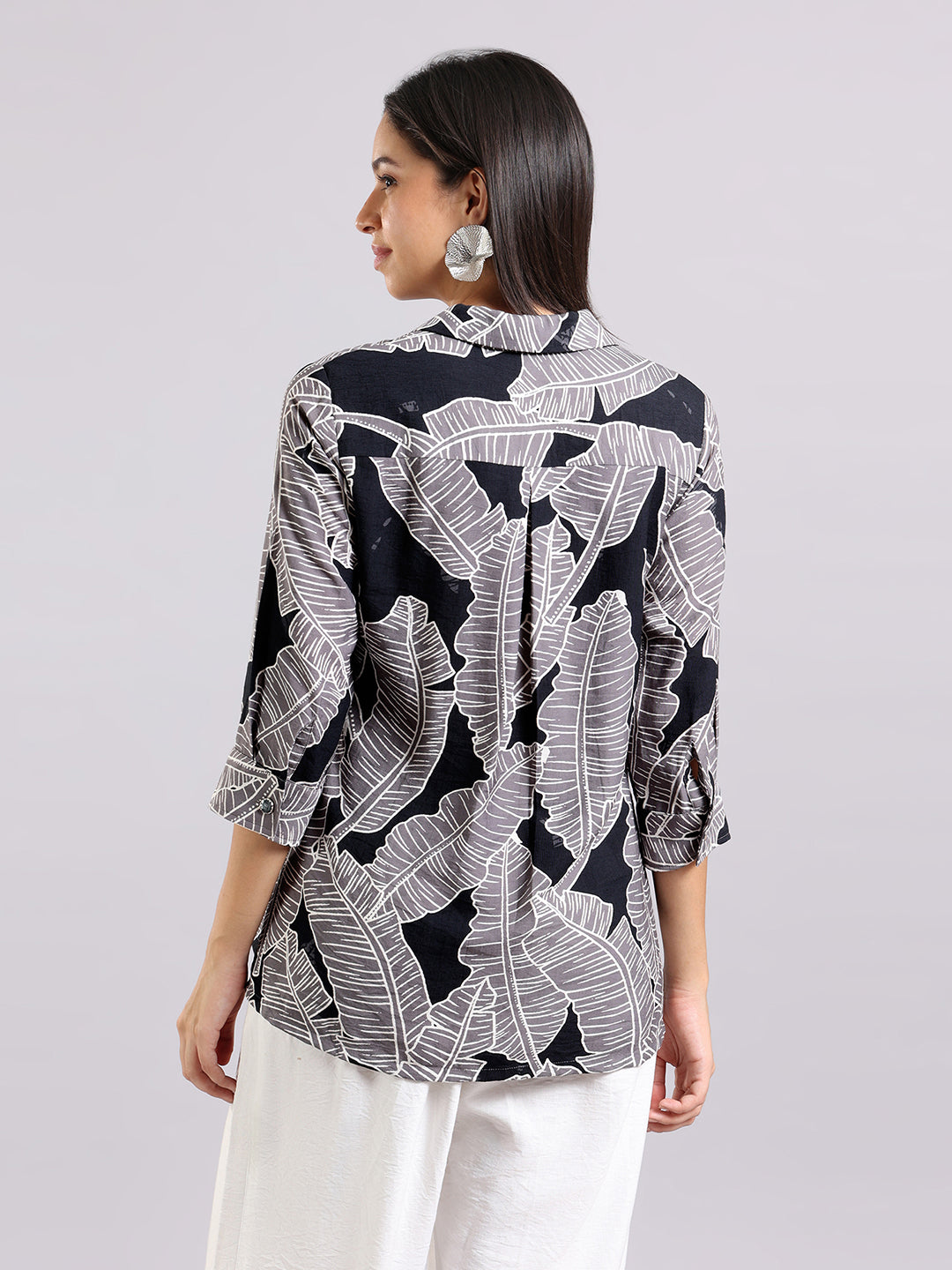 Black Leaf Print Shirt Top