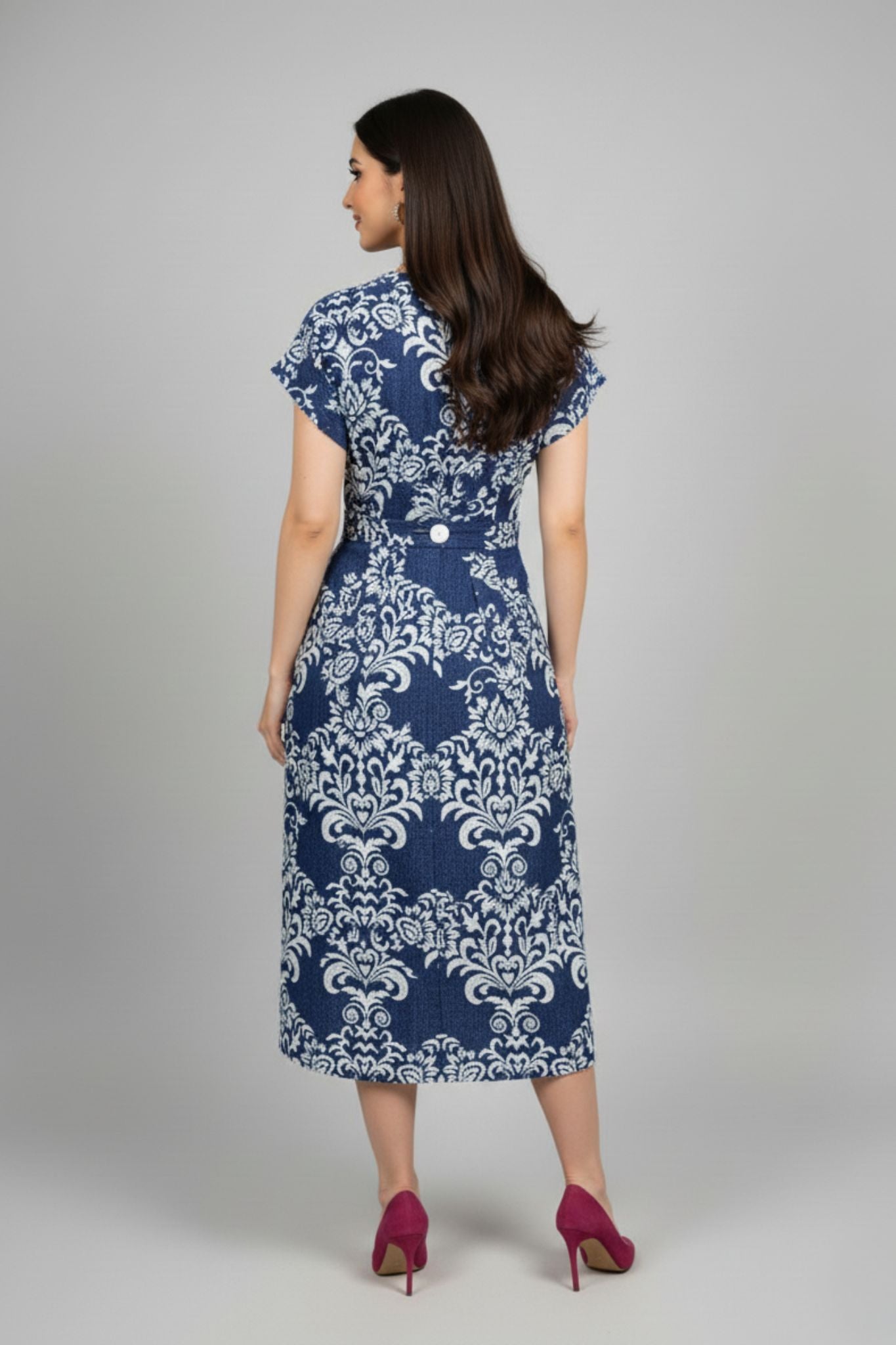 V-neck Printed Midi Dress - Blue | Lyocell Denim