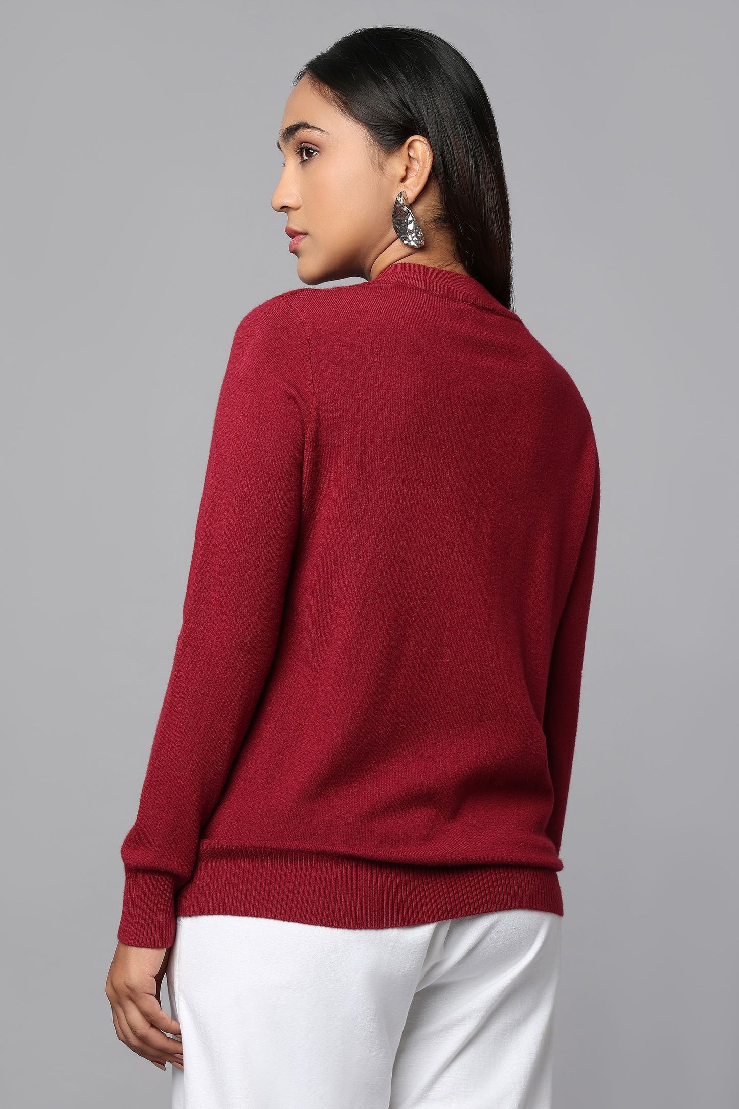 Knit Zip-Front Maroon Sweater with Pocket Detail