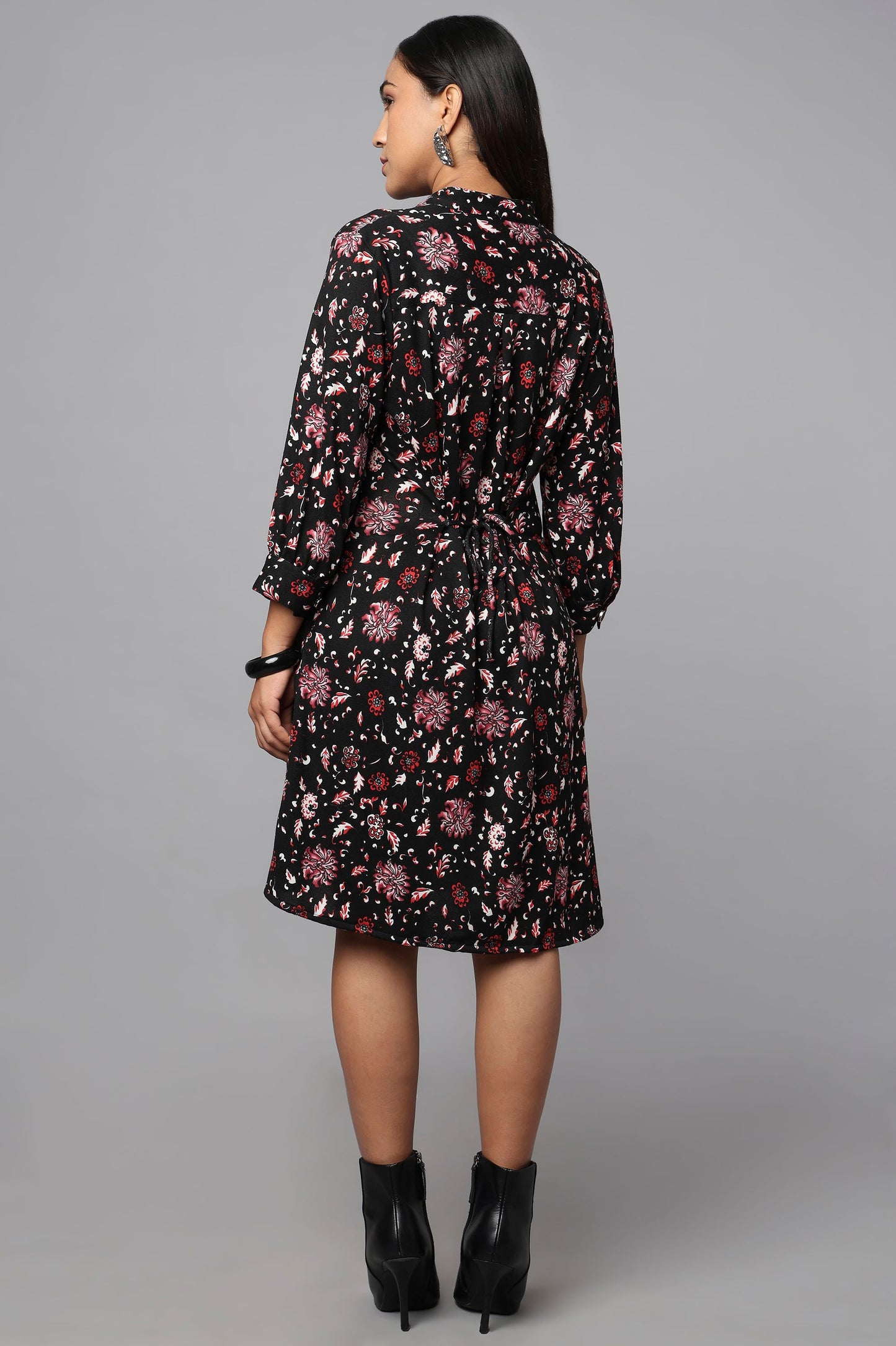 Black Printed Tie-Waist Shirt Dress