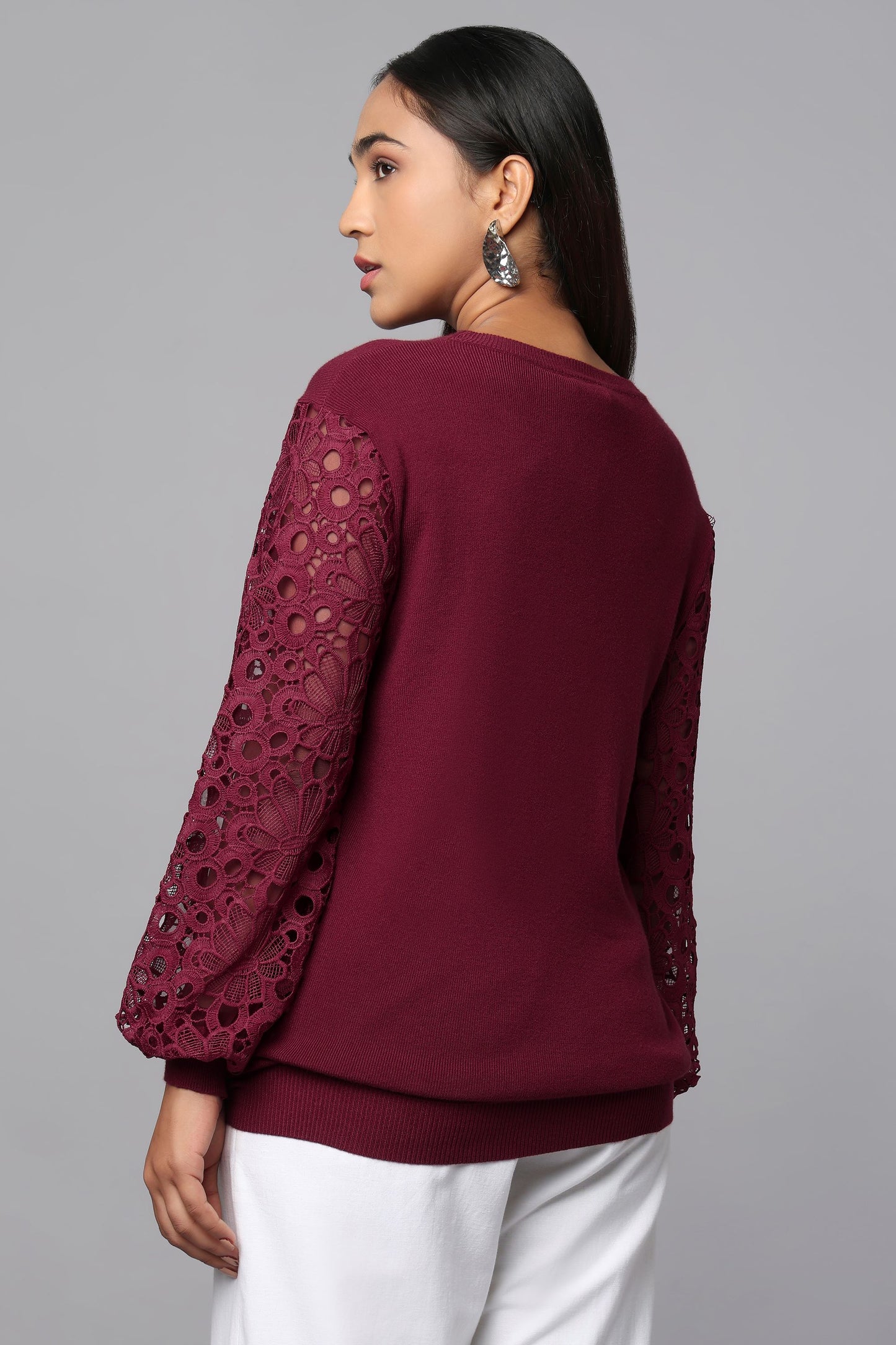 Lace Sleeve Maroon Knit Sweater