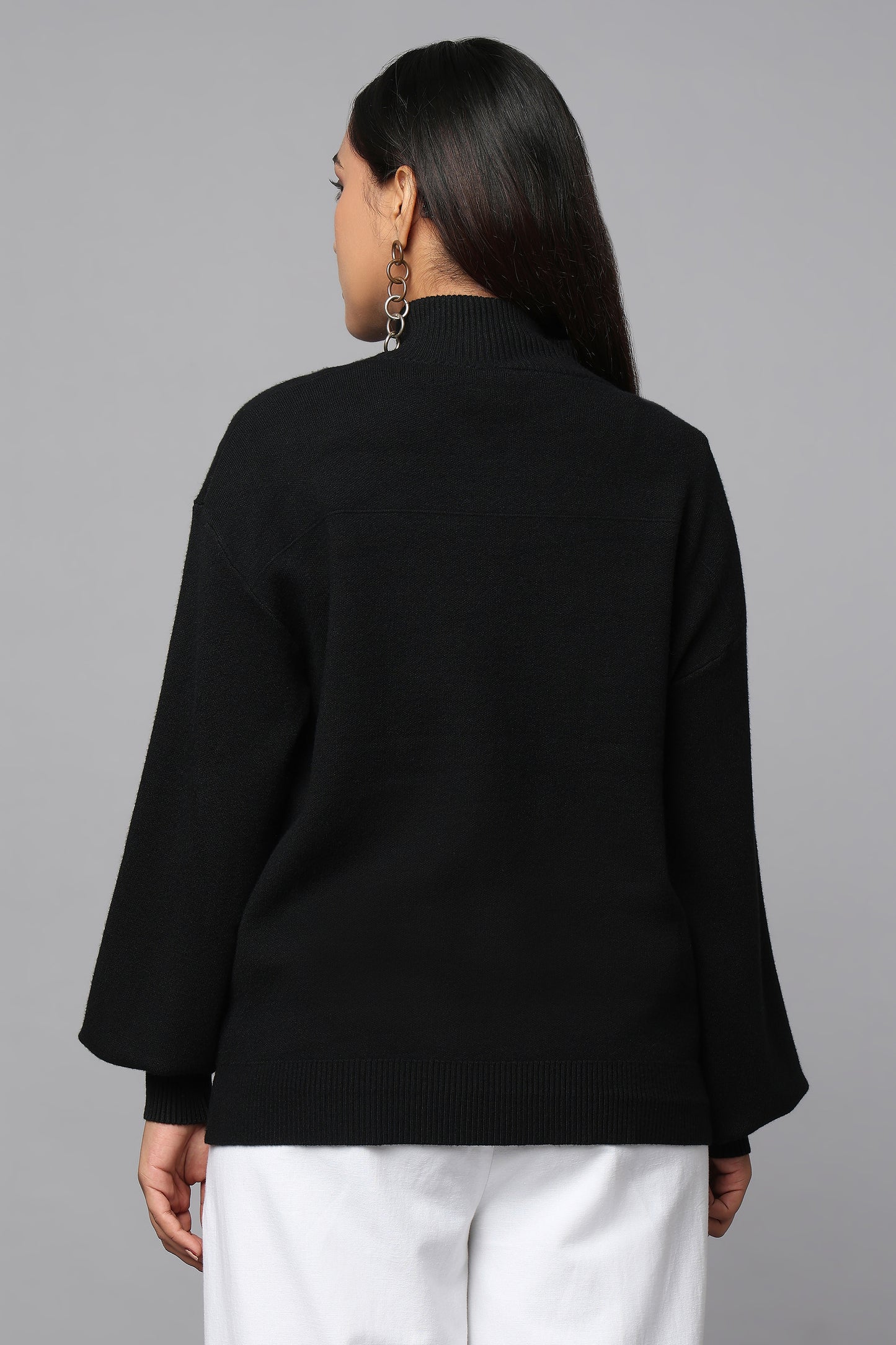 Zip-Up Black Sweater with Quilted Pockets
